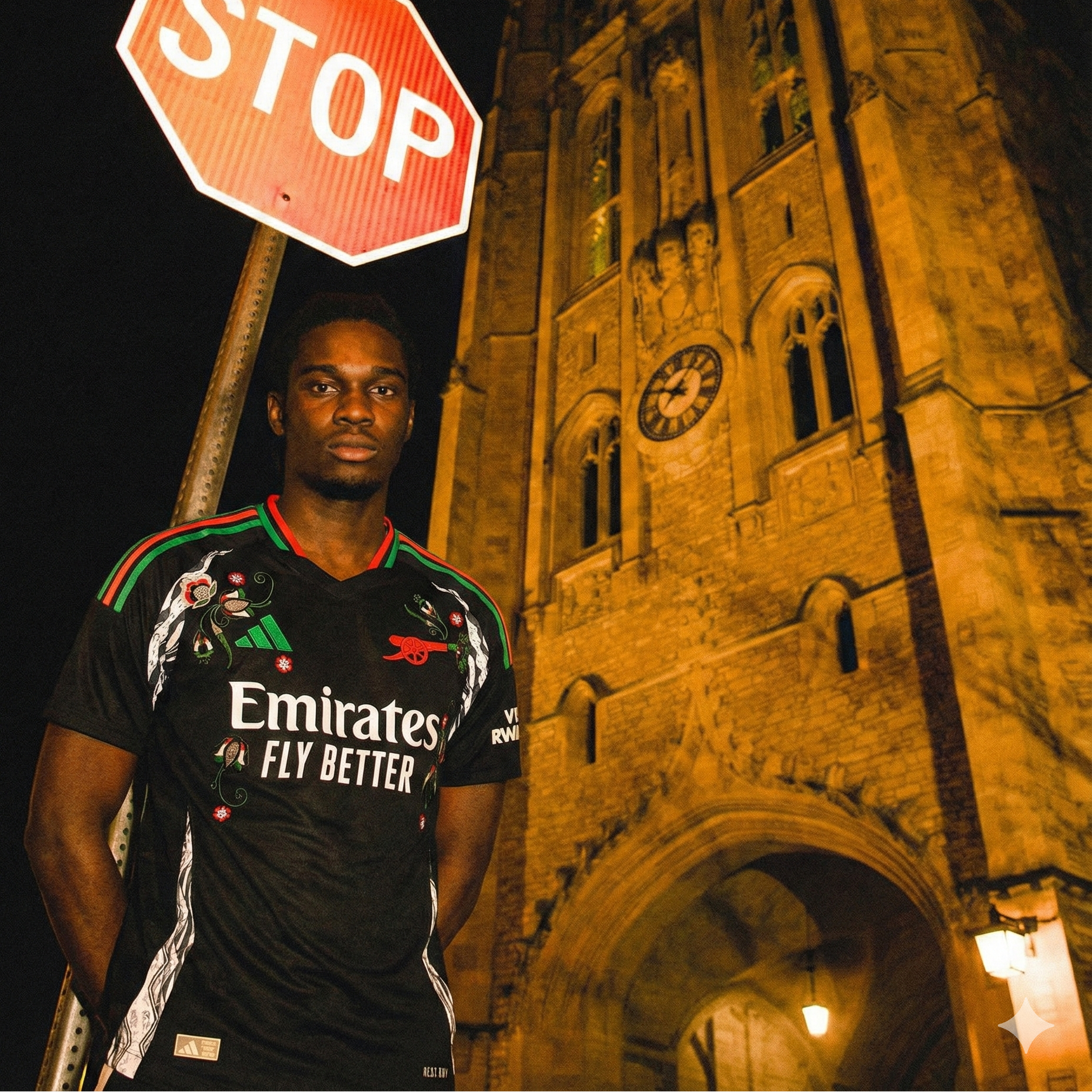 Man wearing Arsenal Embroidered football jersey with floral embroidery, standing at night under a stop sign in front of a historic stone building