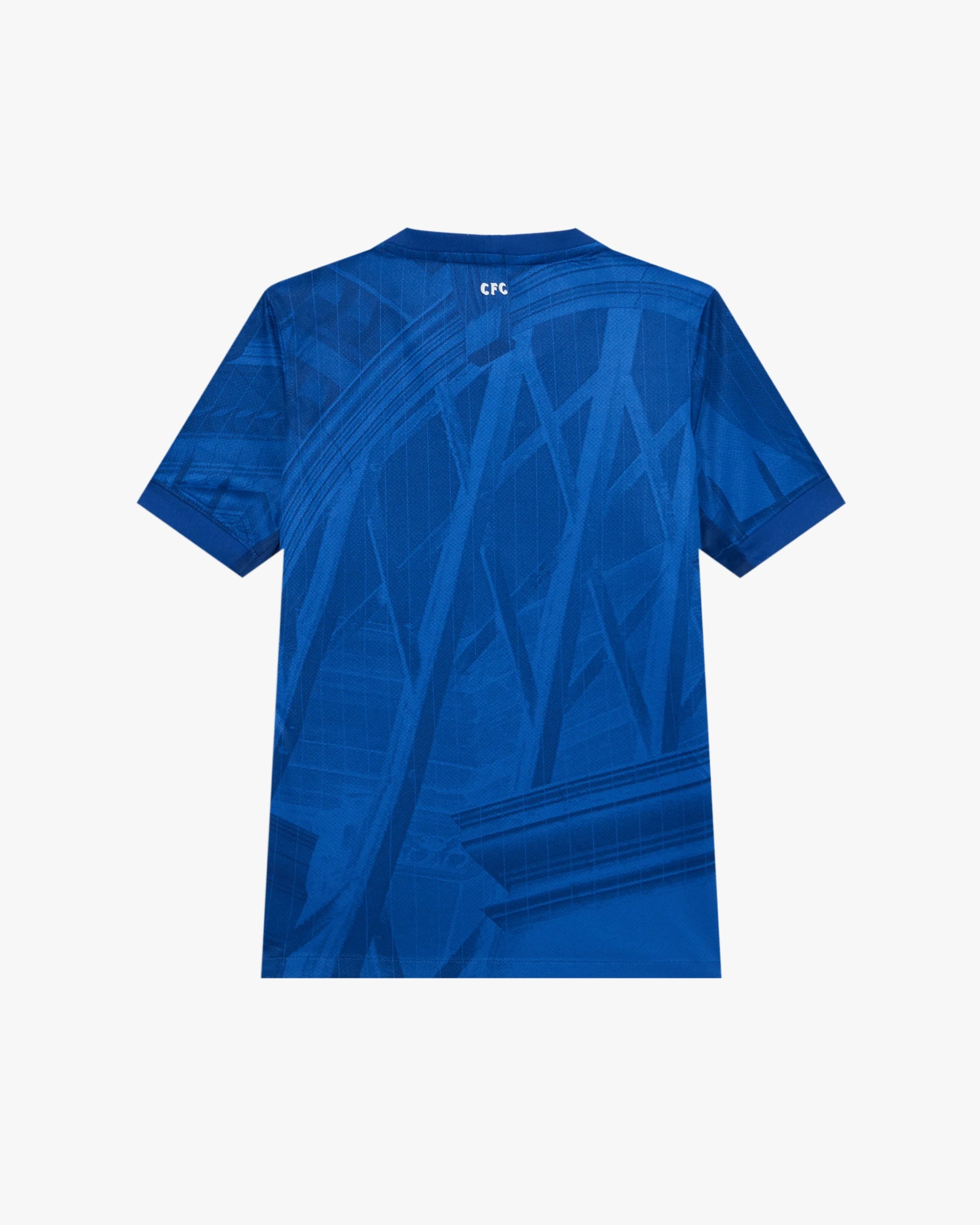 Back View Chelsea Embroidered Blue Jersey. This Is The Clean Back Option, Featuring White CFC Nape Stitching On A Royal Blue Graphic Kit. Discover The Chelsea Blue London Edition Jersey 2025-26.