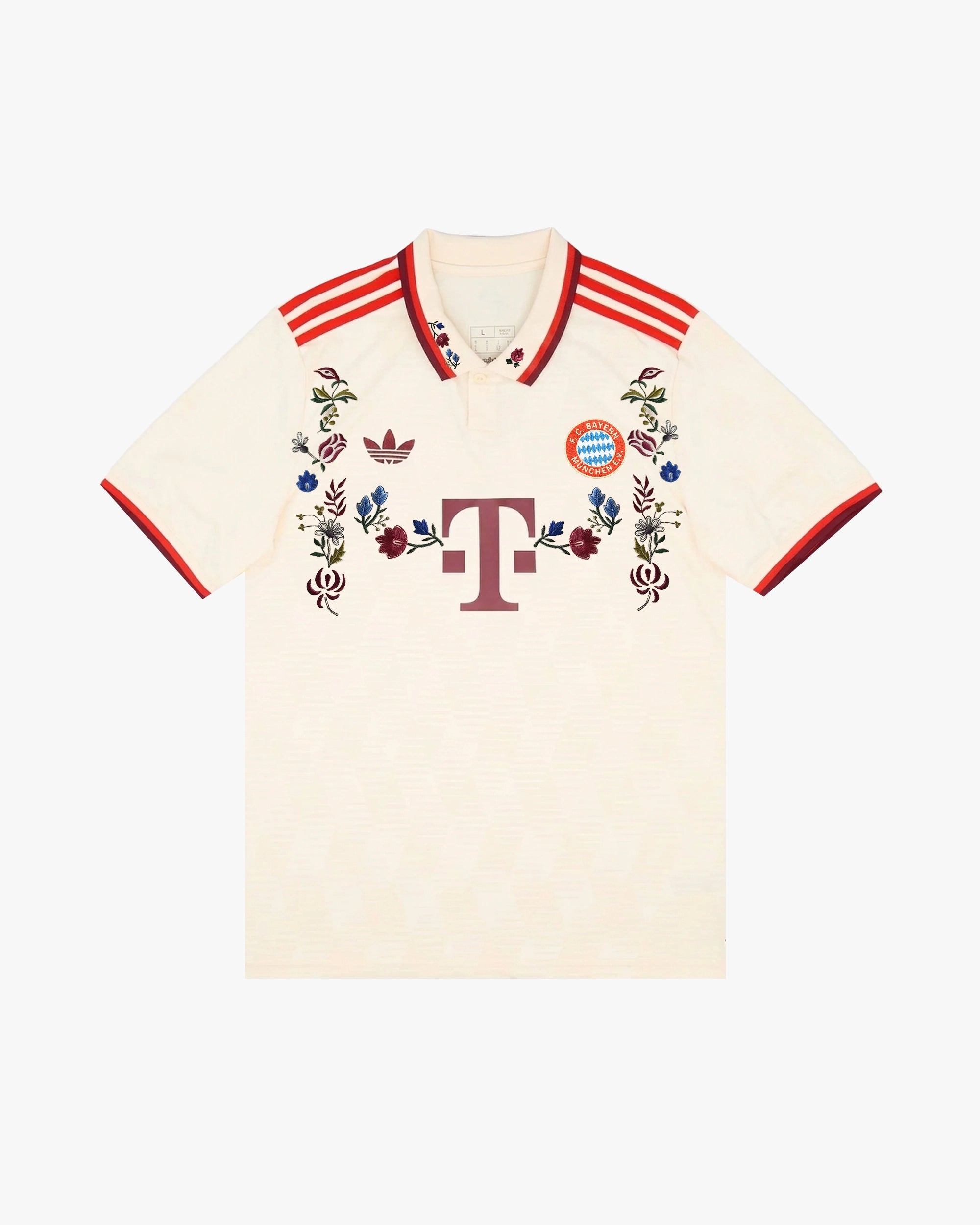 Full front view of the Bayern Munich Garden Edition, a cream polo-style Bayern Embroidered Jersey with rich floral stitching.