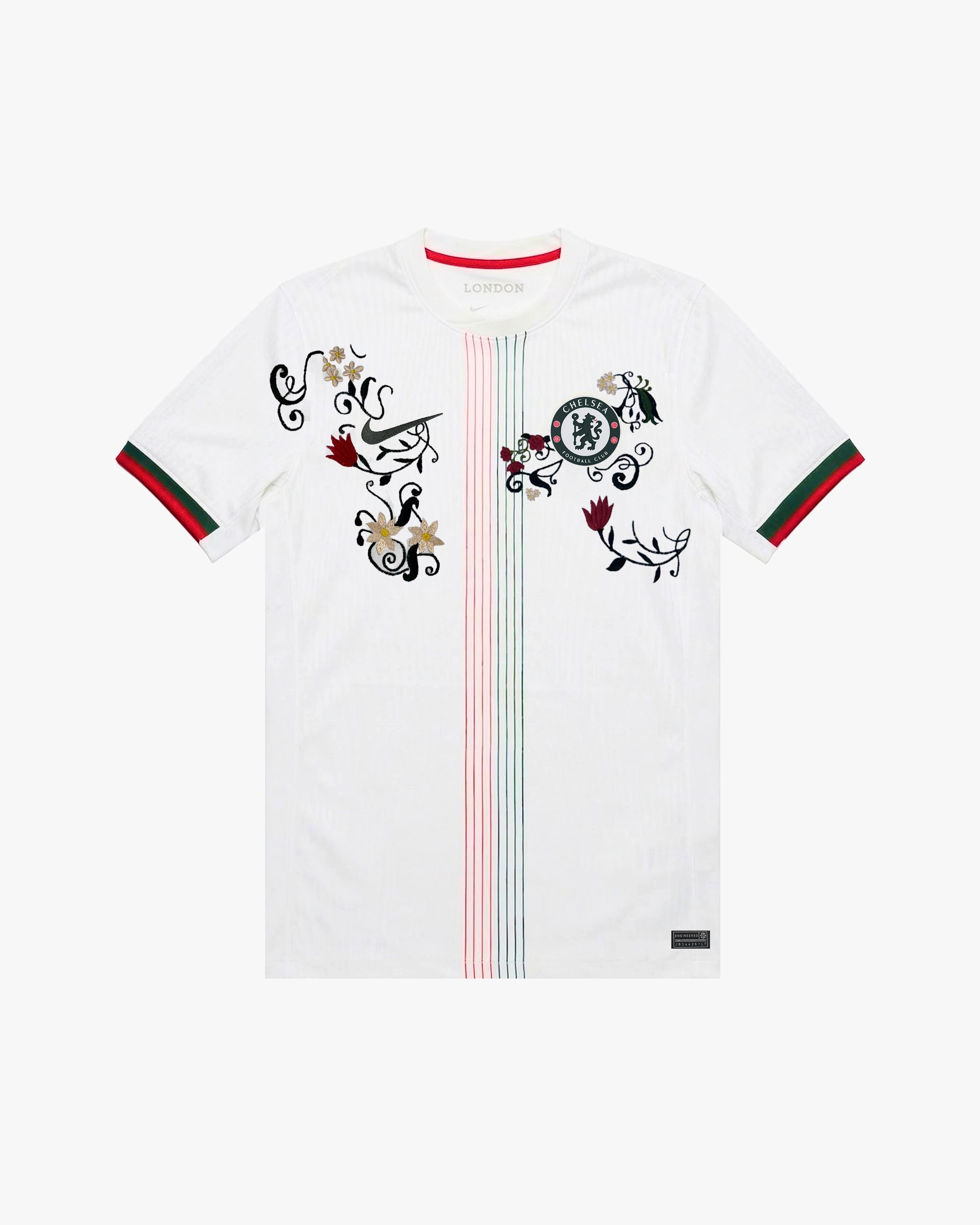 Full view of the Chelsea 'Bloom' Edition, a white Chelsea 'Bloom' Edition Jersey with custom floral embroidery.