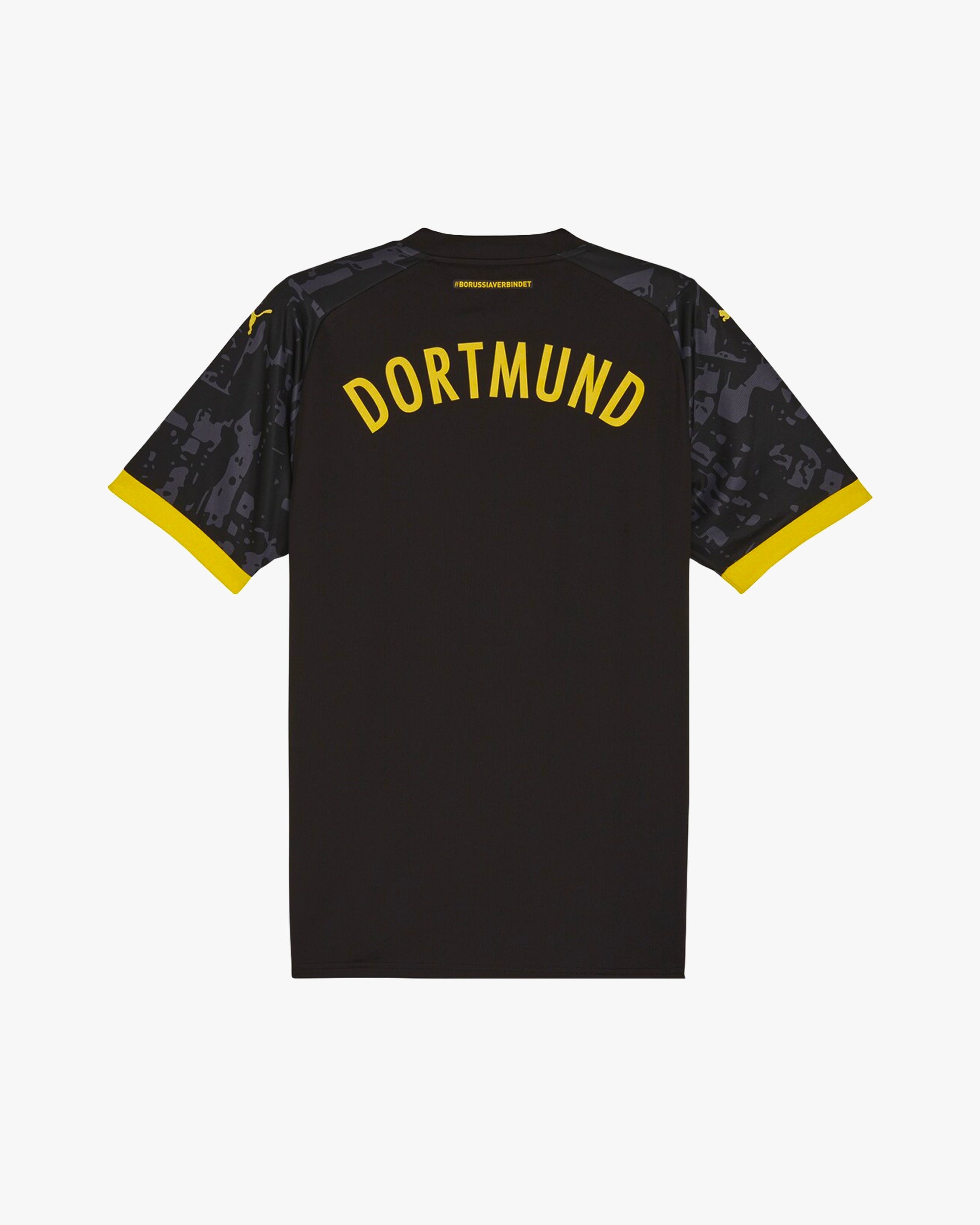 Clean back silhouette of the Dortmund Concept Jersey showcasing the iconic yellow fabric and black neck detailing.
