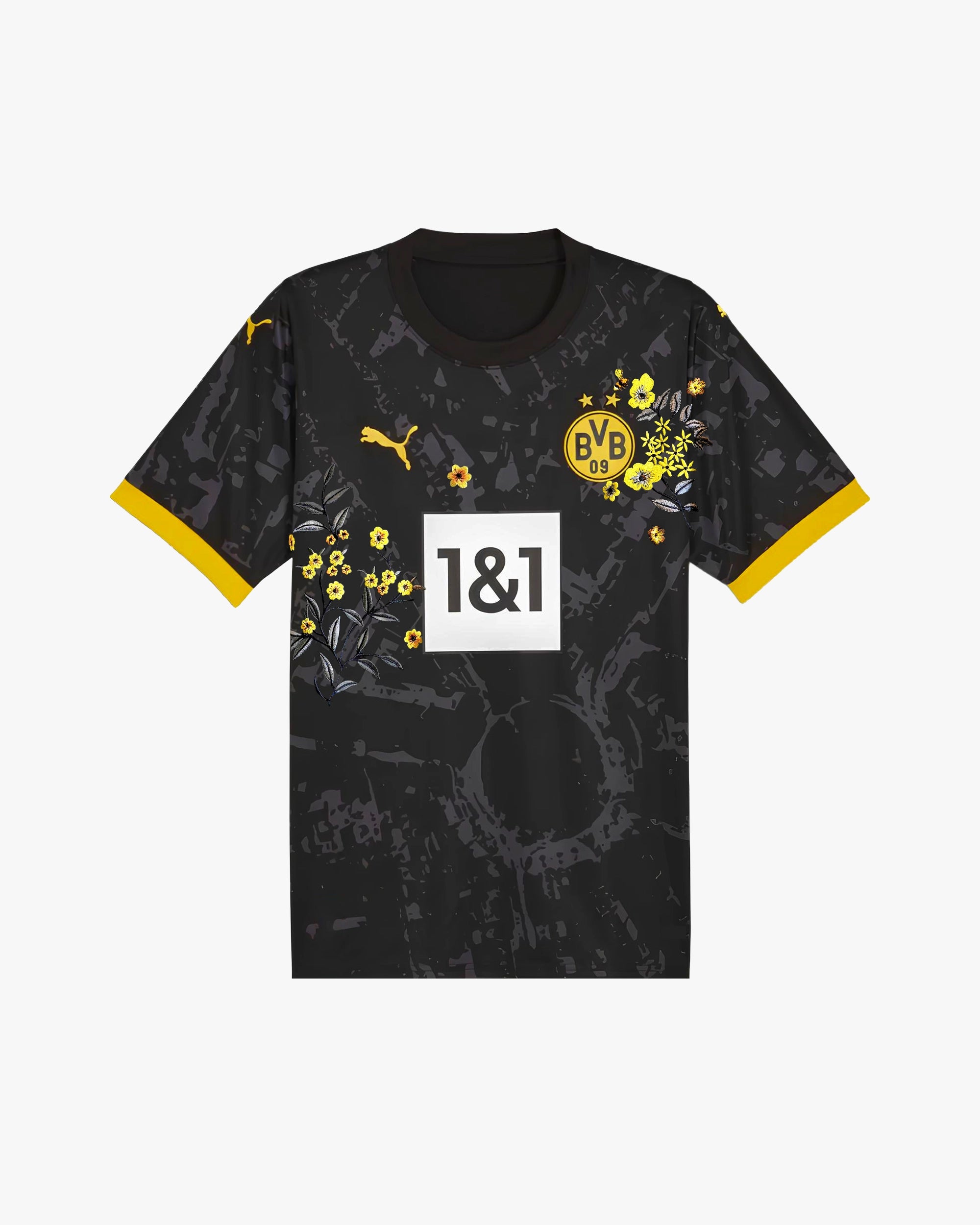 Full front view of the Dortmund 'Yellow Bee' Edition Jersey 2022-23 featuring a vibrant yellow base and custom black botanical stitching.