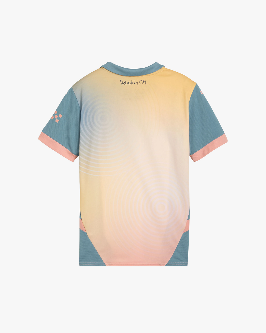 Back view of the Embroidered Manchester City Fourth Jersey 2024-25 showcasing the 'Definitely City' script on the neck and a soft circular gradient pattern.