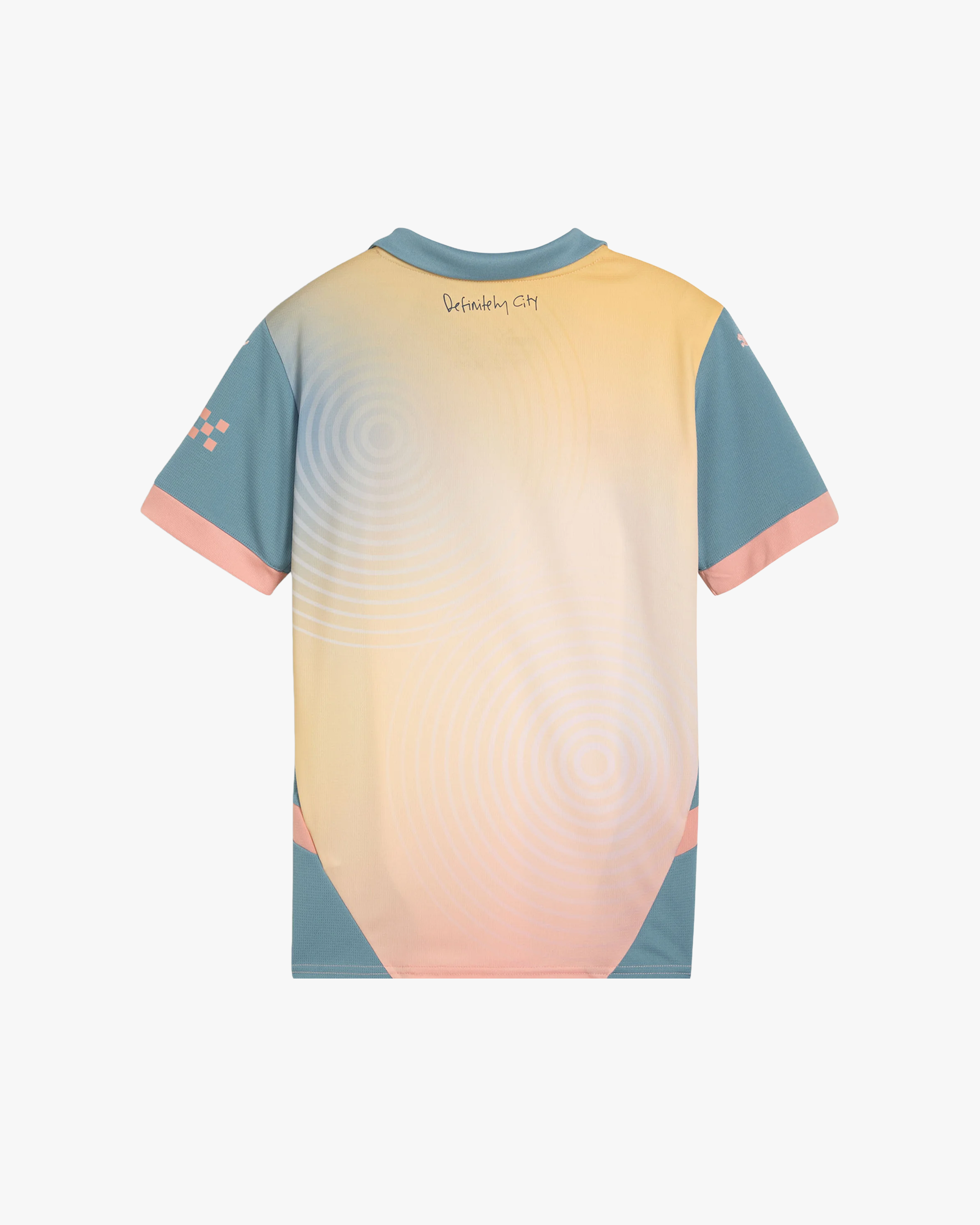 Back view of the Embroidered Manchester City Fourth Jersey 2024-25 showcasing the 'Definitely City' script on the neck and a soft circular gradient pattern.