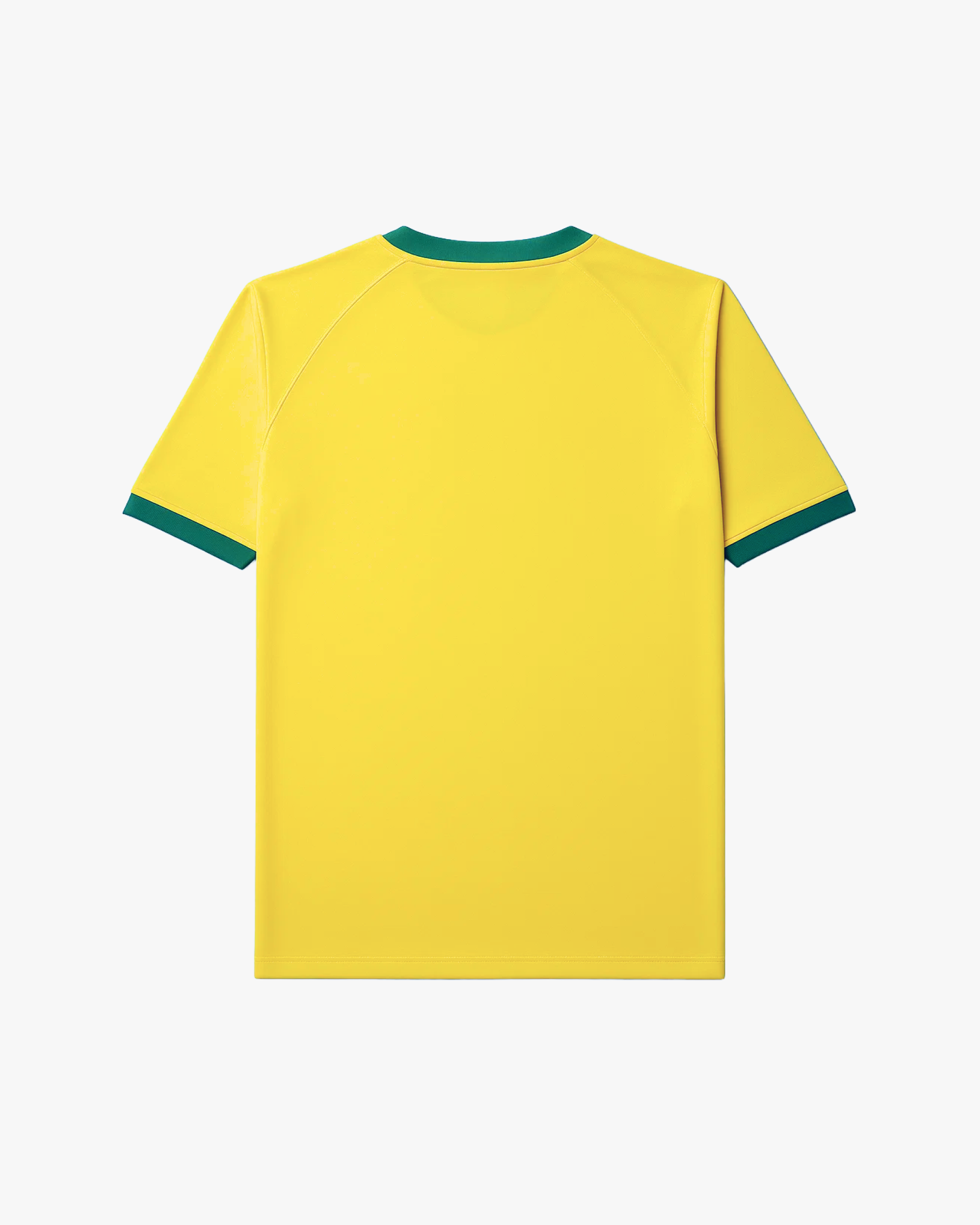 Back view of the Embroidered Brazil Home Jersey 2014 showing the clean yellow textured fabric, green v-neck collar detail, and athletic tailored fit.
