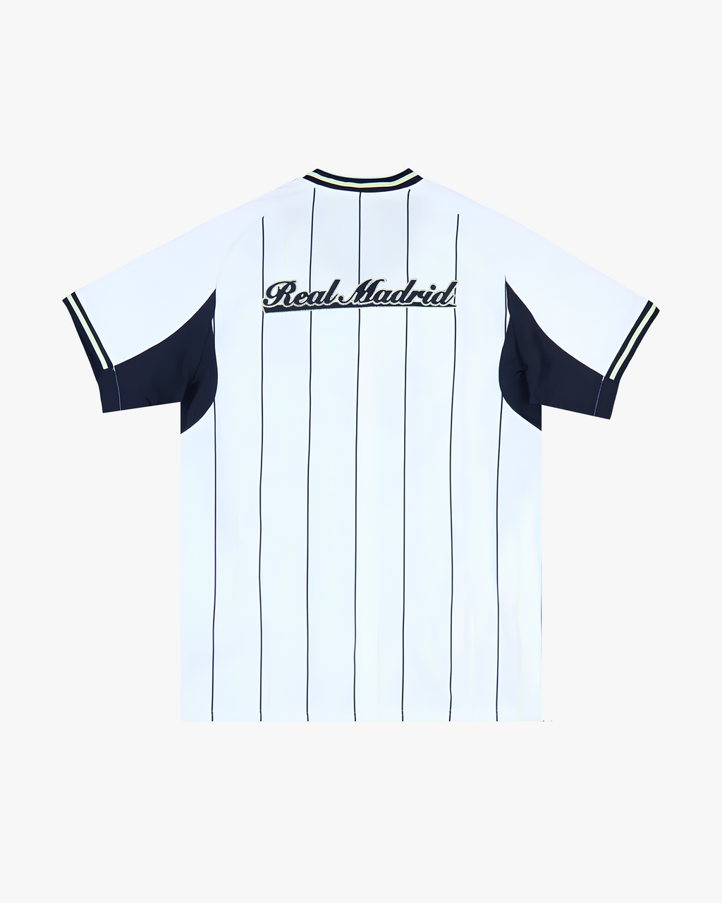 Back view of the Embroidered Real Madrid US Pack shirt featuring navy pinstripes and club logo.
