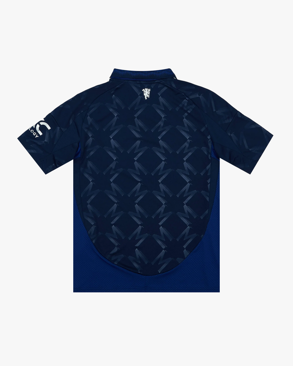 Back view of the Embroidered Manchester United Away Jersey 2024-25 showcasing its navy color and geometric patterns.