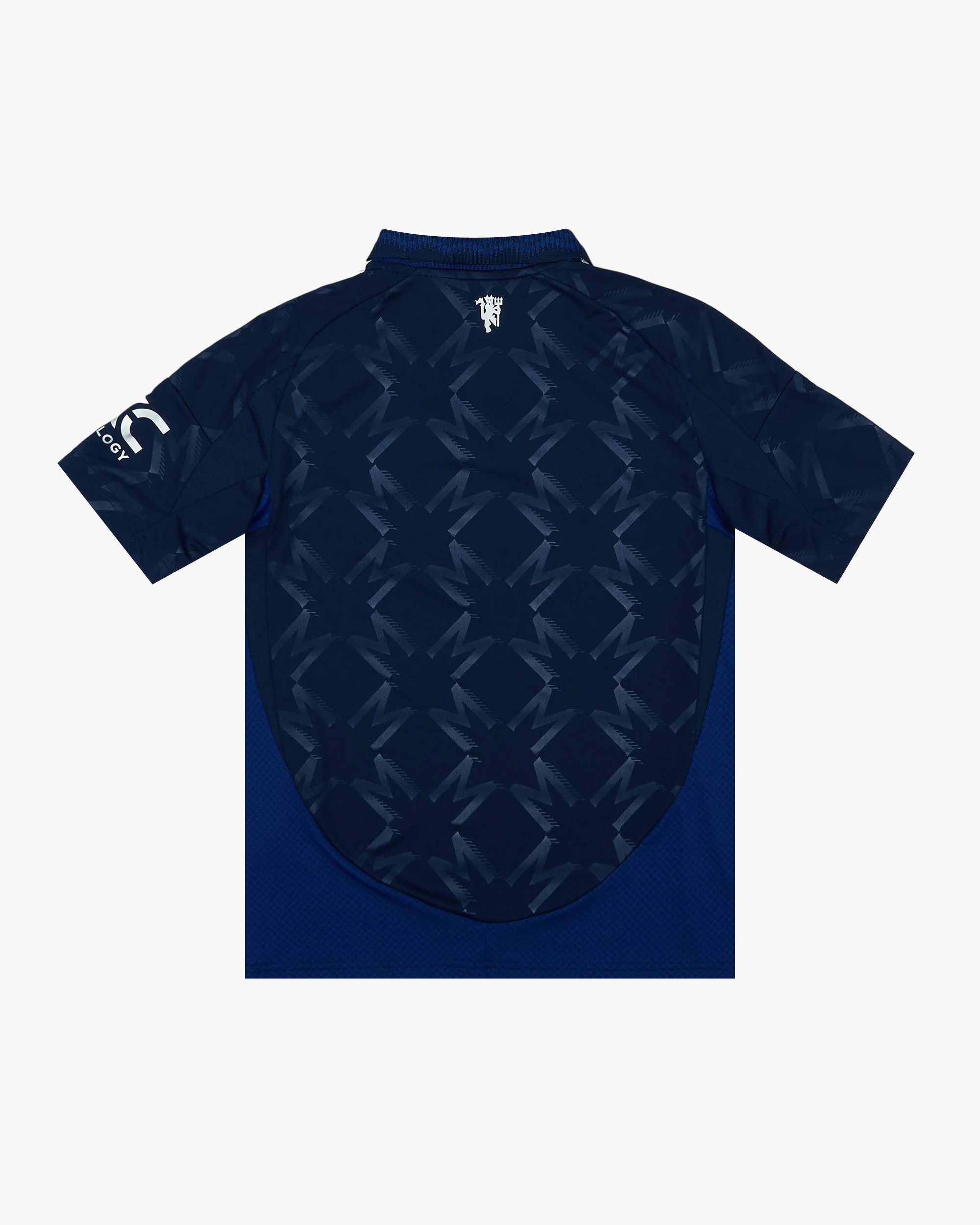 Back view of the Embroidered Manchester United Away Jersey 2024-25 showcasing its navy color and geometric patterns.