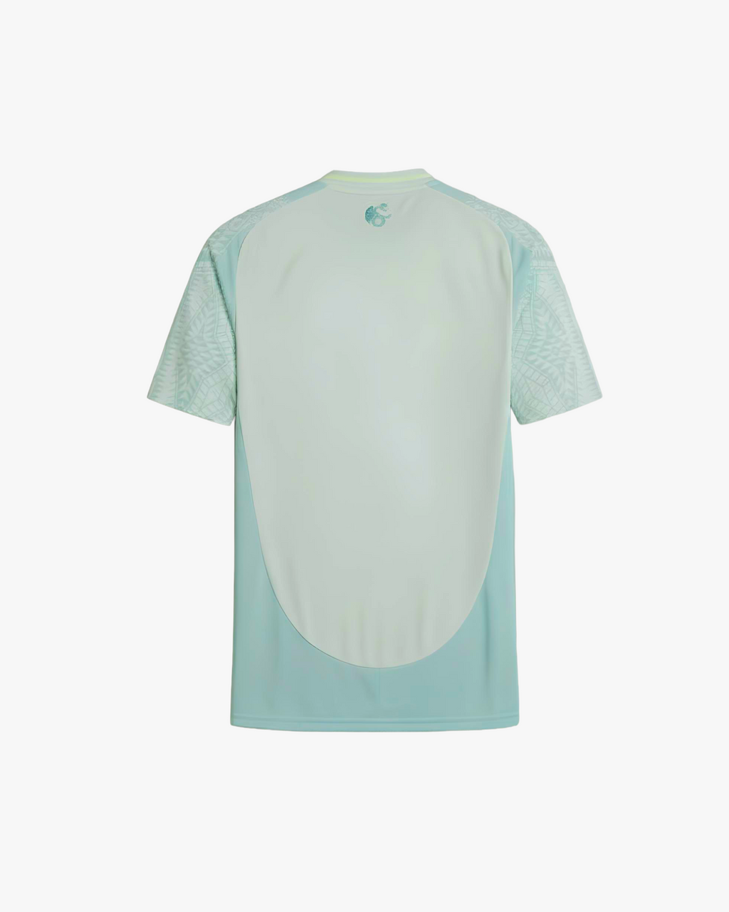 Rear view of the Embroidered Mexico Away Jersey 2024-25 showing the clean light green panel and patterned sleeves with a small tonal serpent logo at the neck.