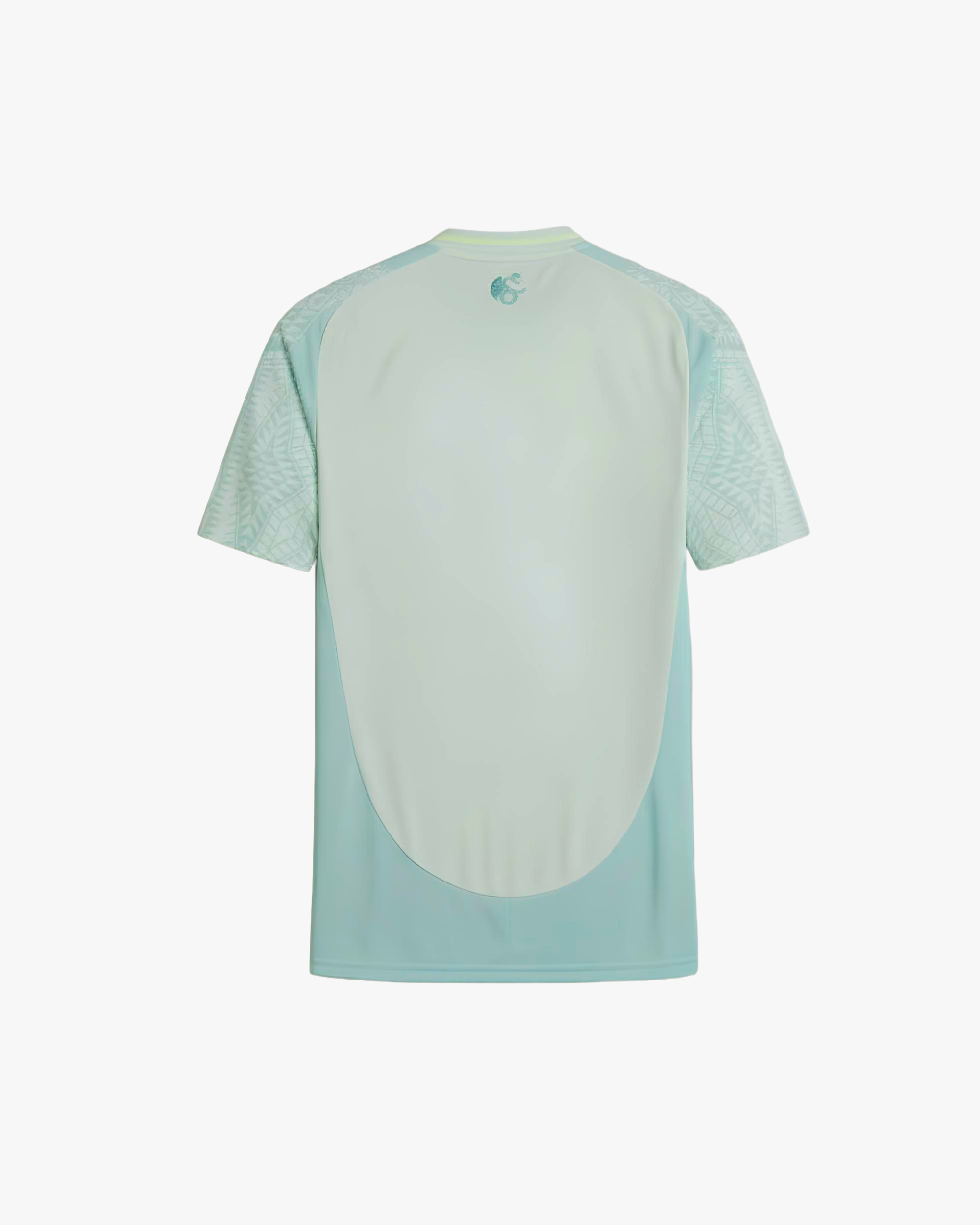 Rear view of the Embroidered Mexico Away Jersey 2024-25 showing the clean light green panel and patterned sleeves with a small tonal serpent logo at the neck.