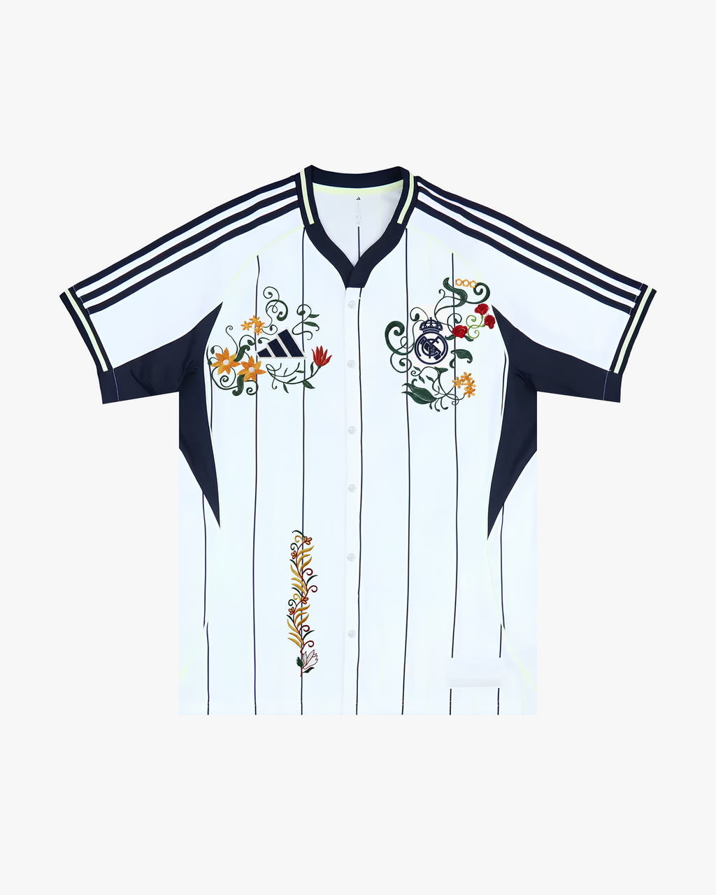 Embroidered Real Madrid US Pack shirt with navy pinstripes and handcrafted floral embroidery design.