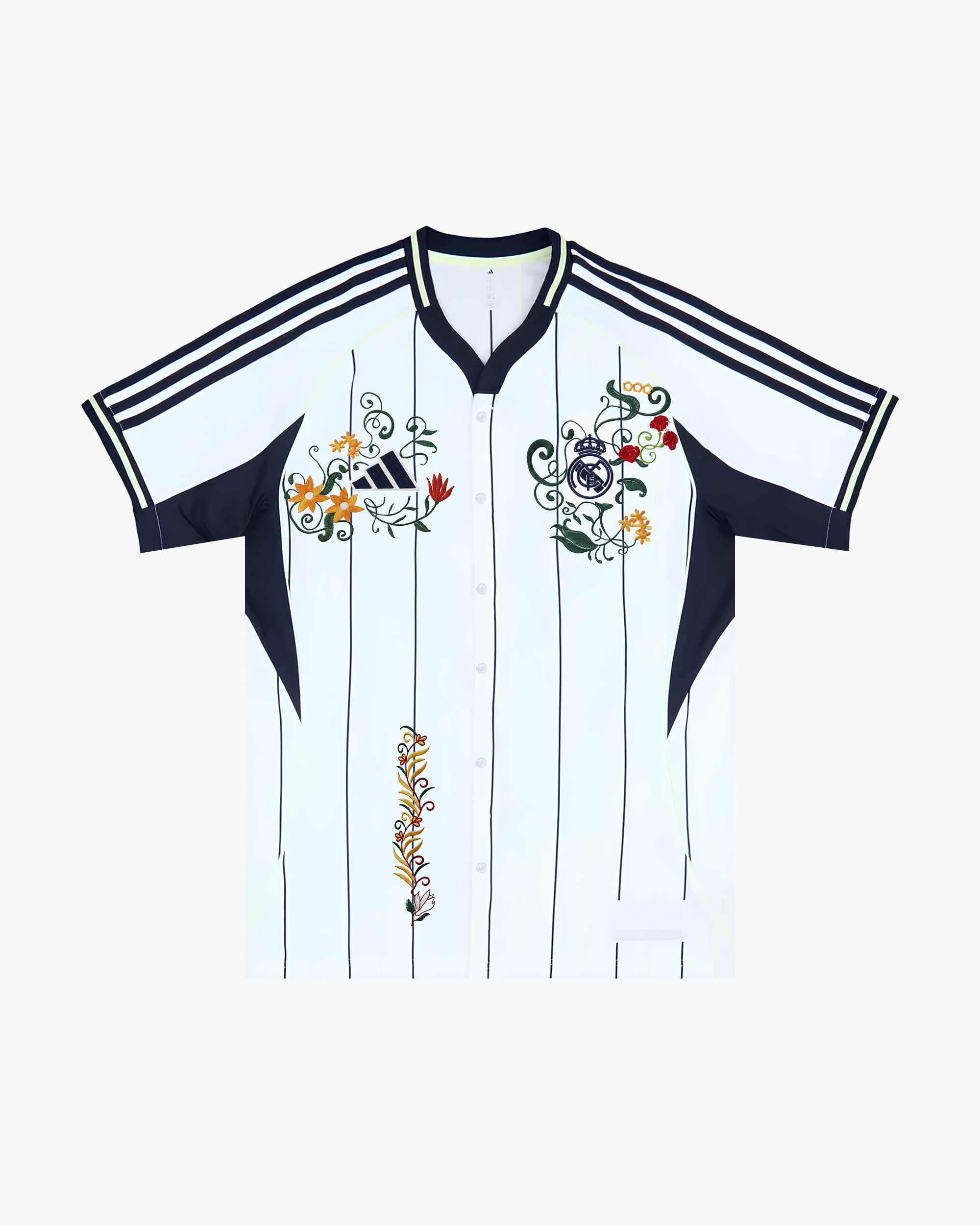 Embroidered Real Madrid US Pack shirt with navy pinstripes and handcrafted floral embroidery design.