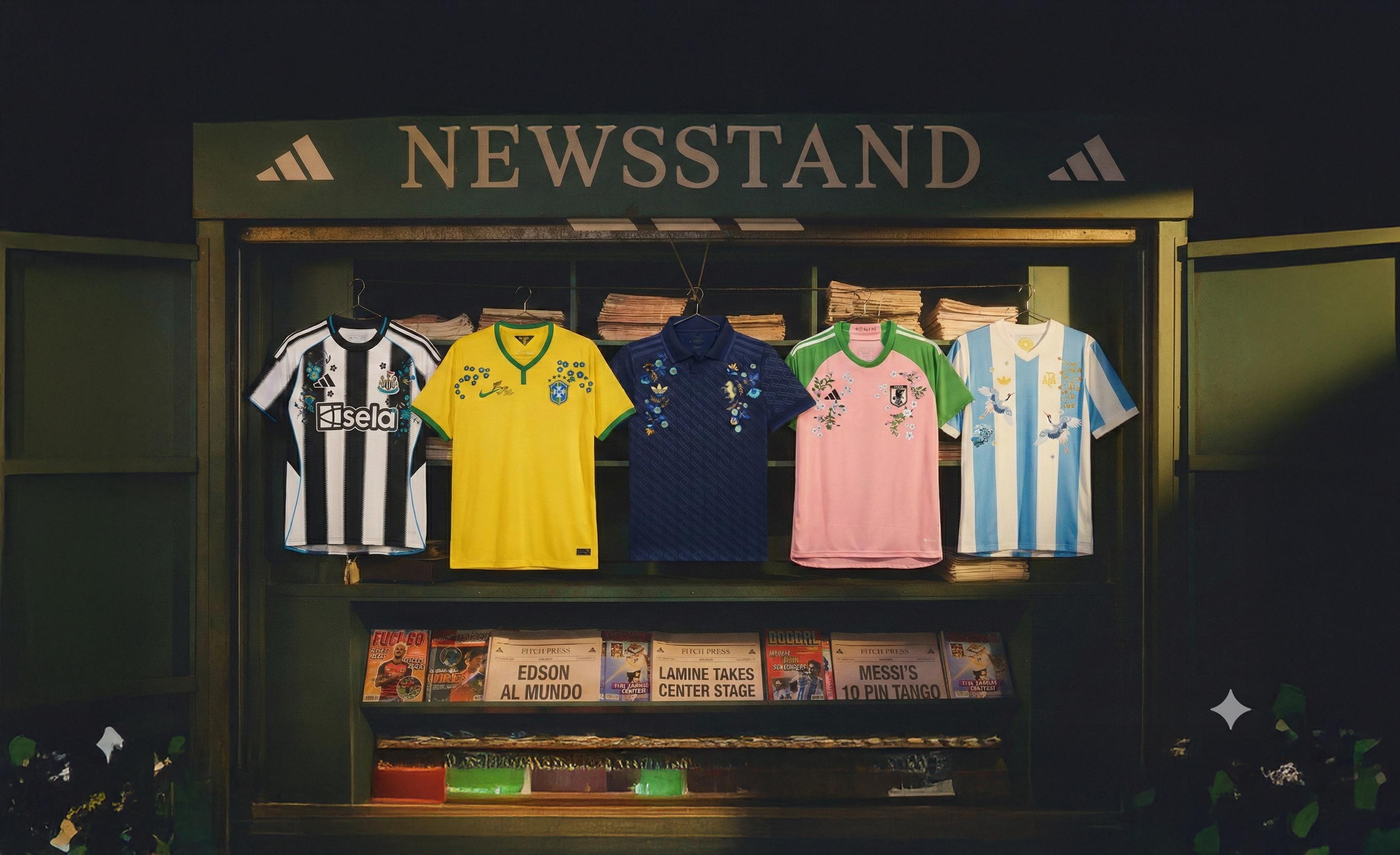 Floral football jerseys displayed on a vintage newsstand, featuring black and white, Brazil yellow, navy, pink Japan, and Argentina striped designs