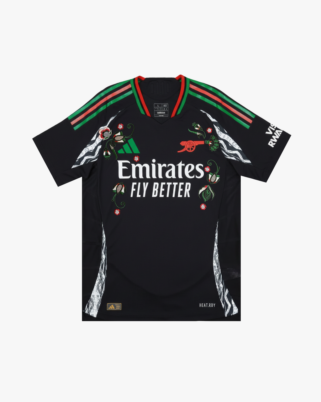 Detailing the vibrant Embroidered Arsenal Away Jersey 2024-25, surrounded by unique green and white floral patterns.