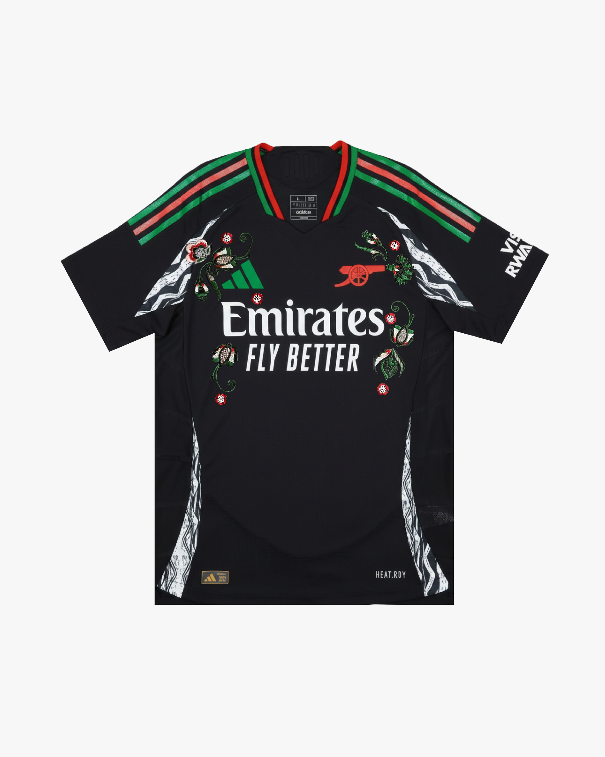 Detailing the vibrant Embroidered Arsenal Away Jersey 2024-25, surrounded by unique green and white floral patterns.