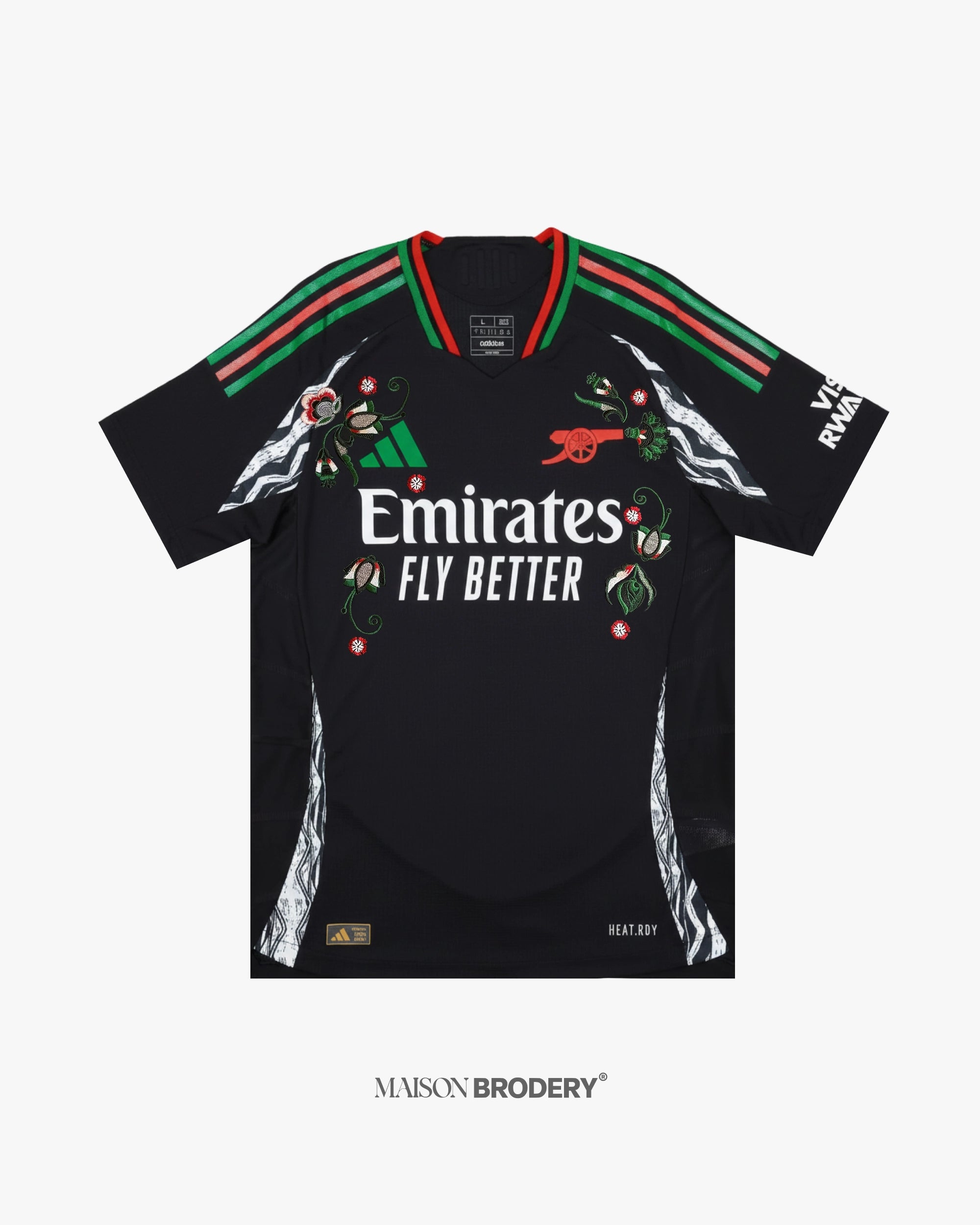 Embroidered Arsenal Away Jersey 2024-25 featuring floral embroidery on black base with marbled graphic panels.
