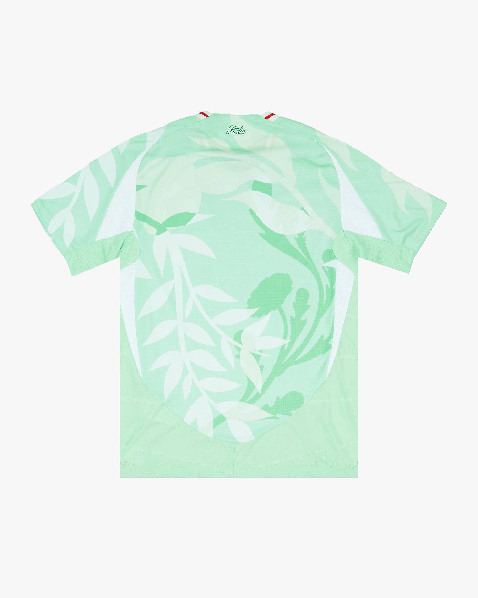 Back View Of The Italy 'Primavera' Edition Jersey Featuring Light Green Fabric With Tonal Sublimated Floral Pattern And Red Stripes On Shoulders.