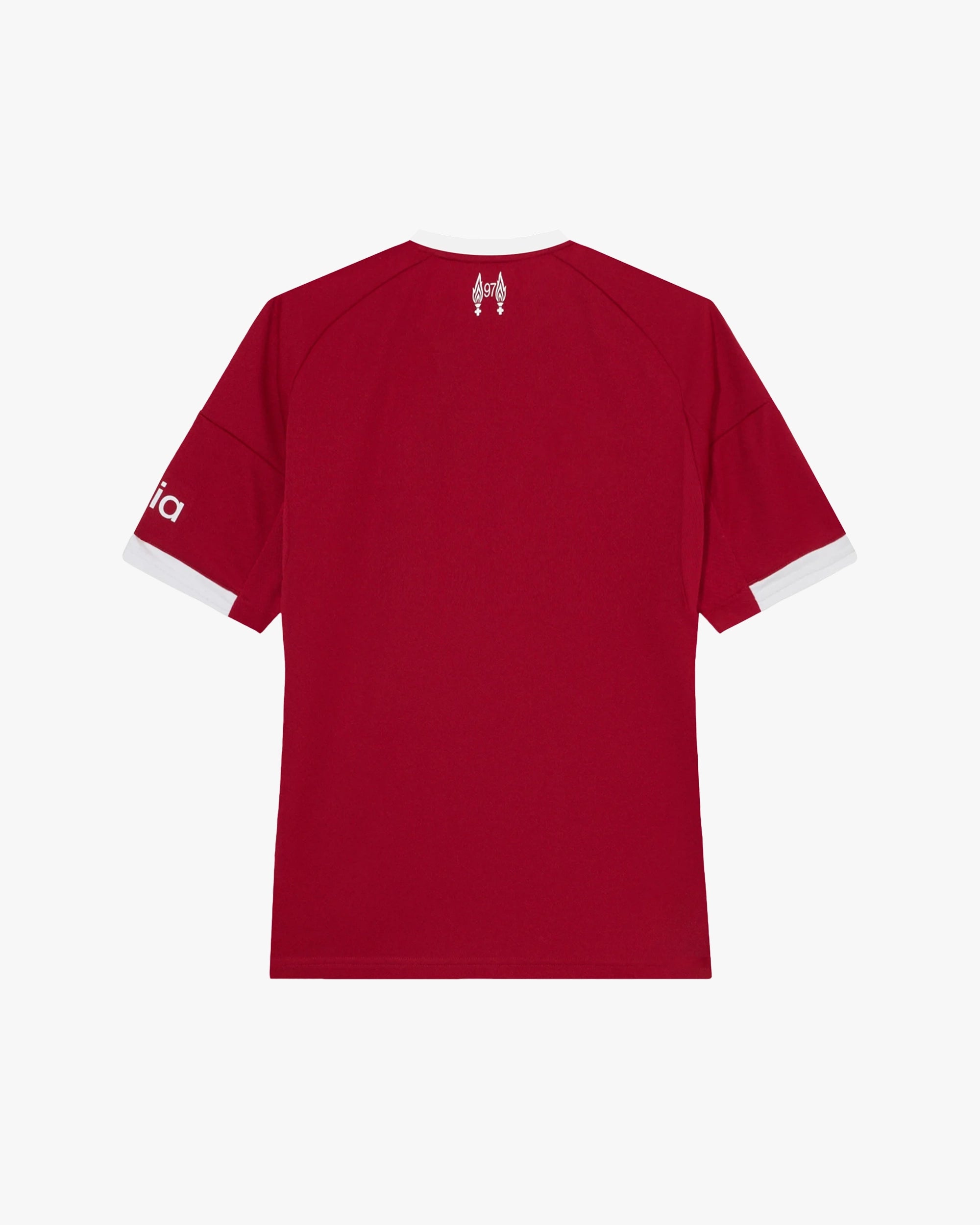The clean back silhouette of the Liverpool 'Red Birds' Edition 2025-26 Jersey, showing the white shoulder stripes and back neck tribute.