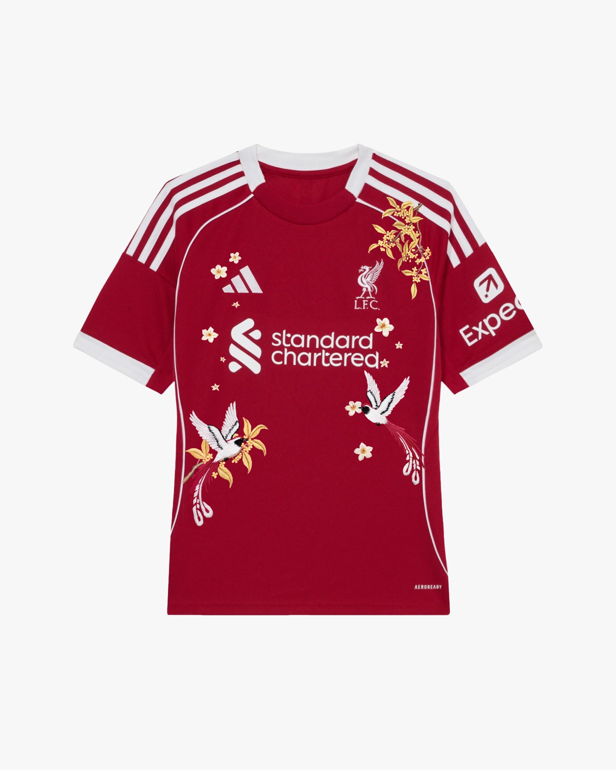 Full front view of the Liverpool 'Red Birds' Edition 2025-26 Jersey featuring scattered white blossoms and two red-tailed bird embroidery details.