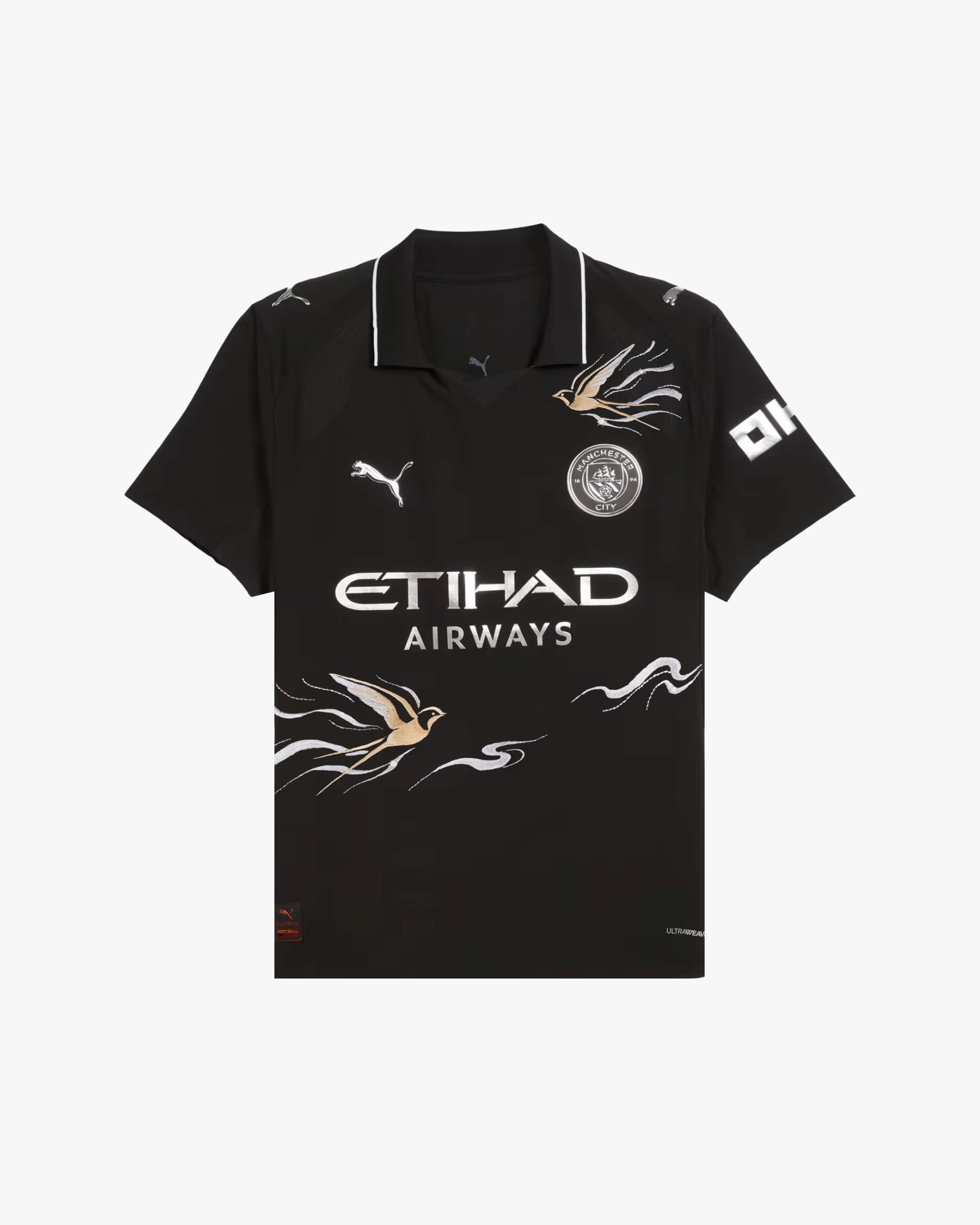 Full front view of the Manchester City 'Nightcall' Edition 2025-26 Jersey featuring a dark base and vibrant neon pink and blue botanical stitching.