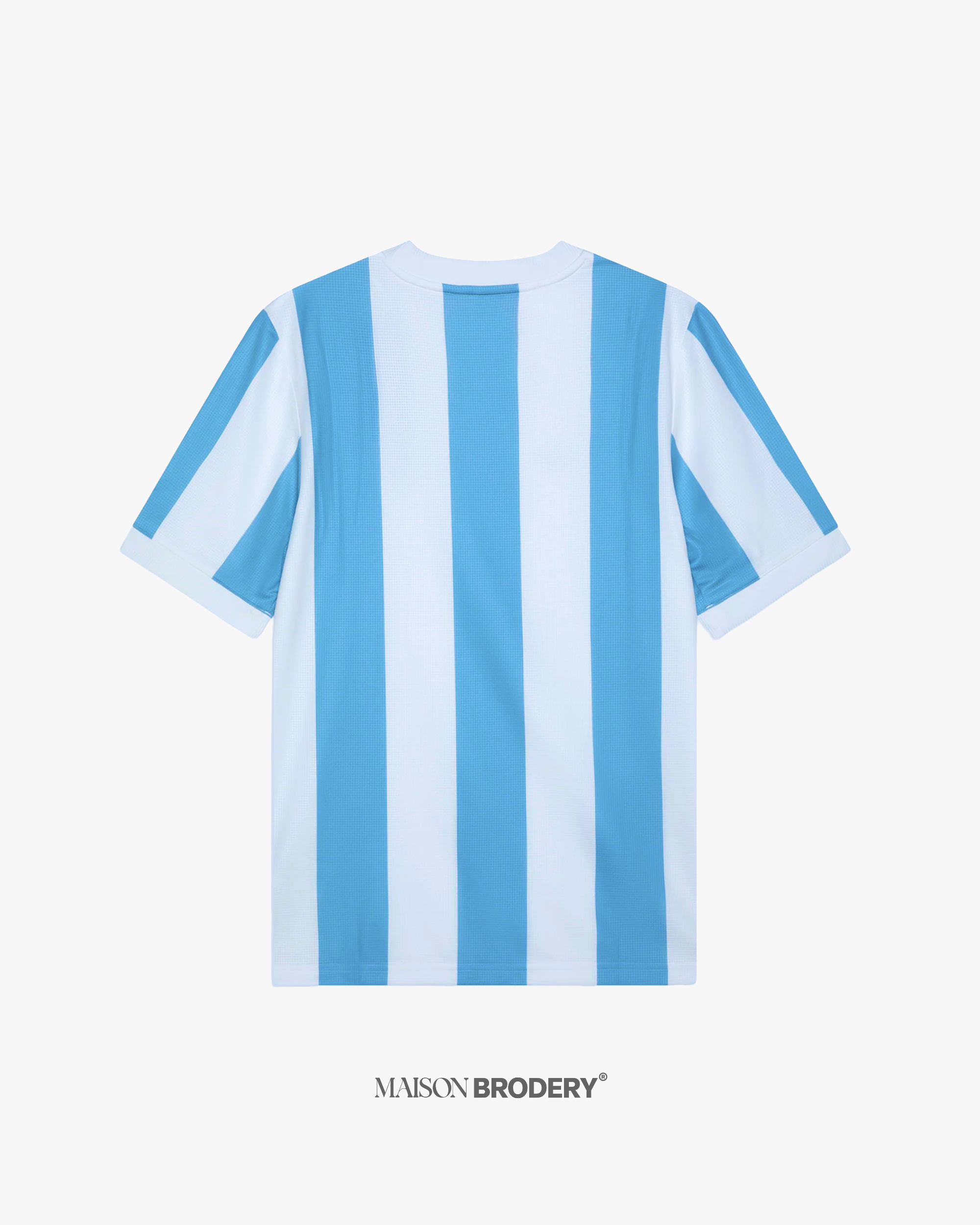 Back view of the Embroidered Argentina 50th Anniversary with clean sky-blue and white vertical stripes.