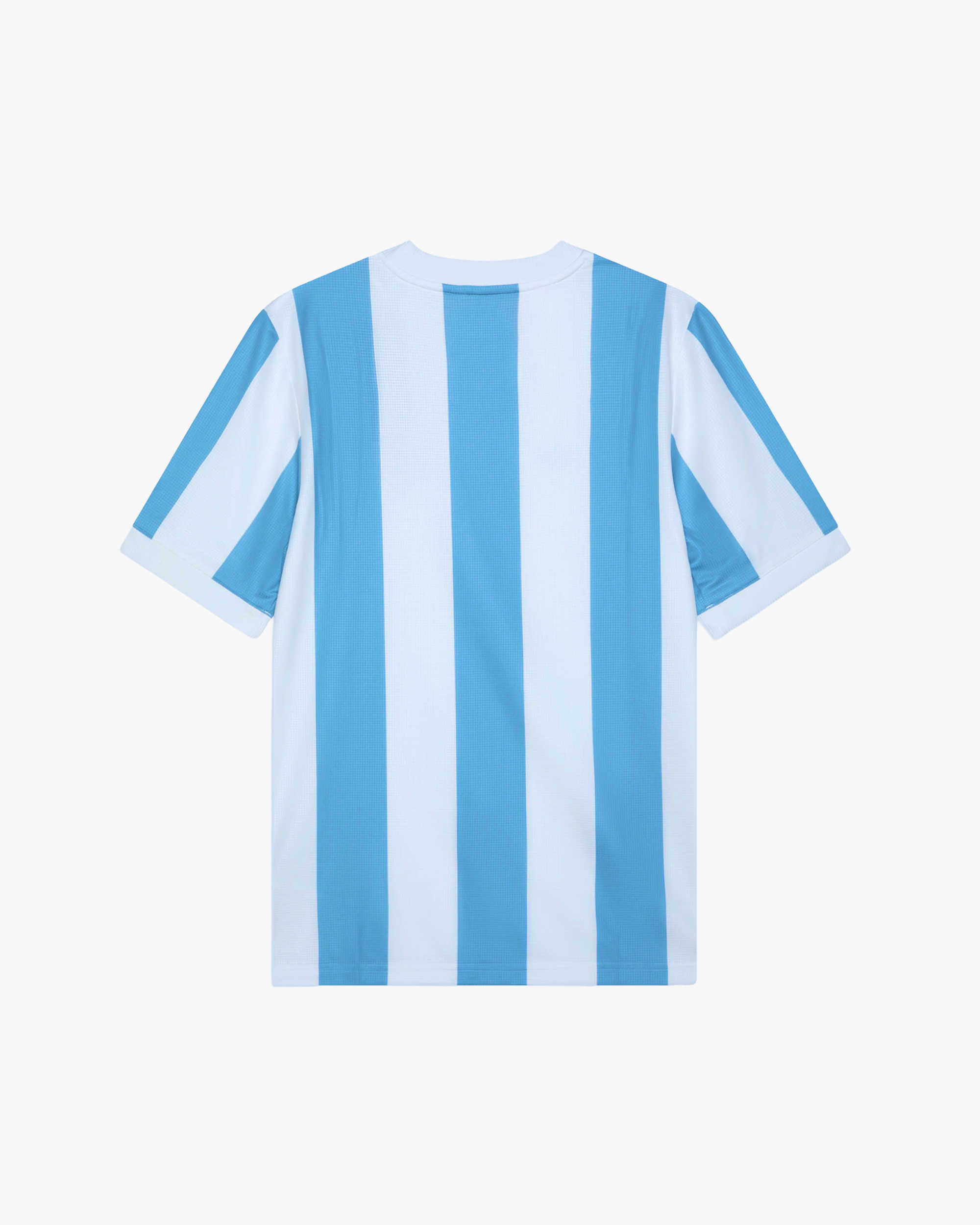 Back view of the Embroidered Argentina 50th Anniversary jersey showcasing sky-blue and white stripes.