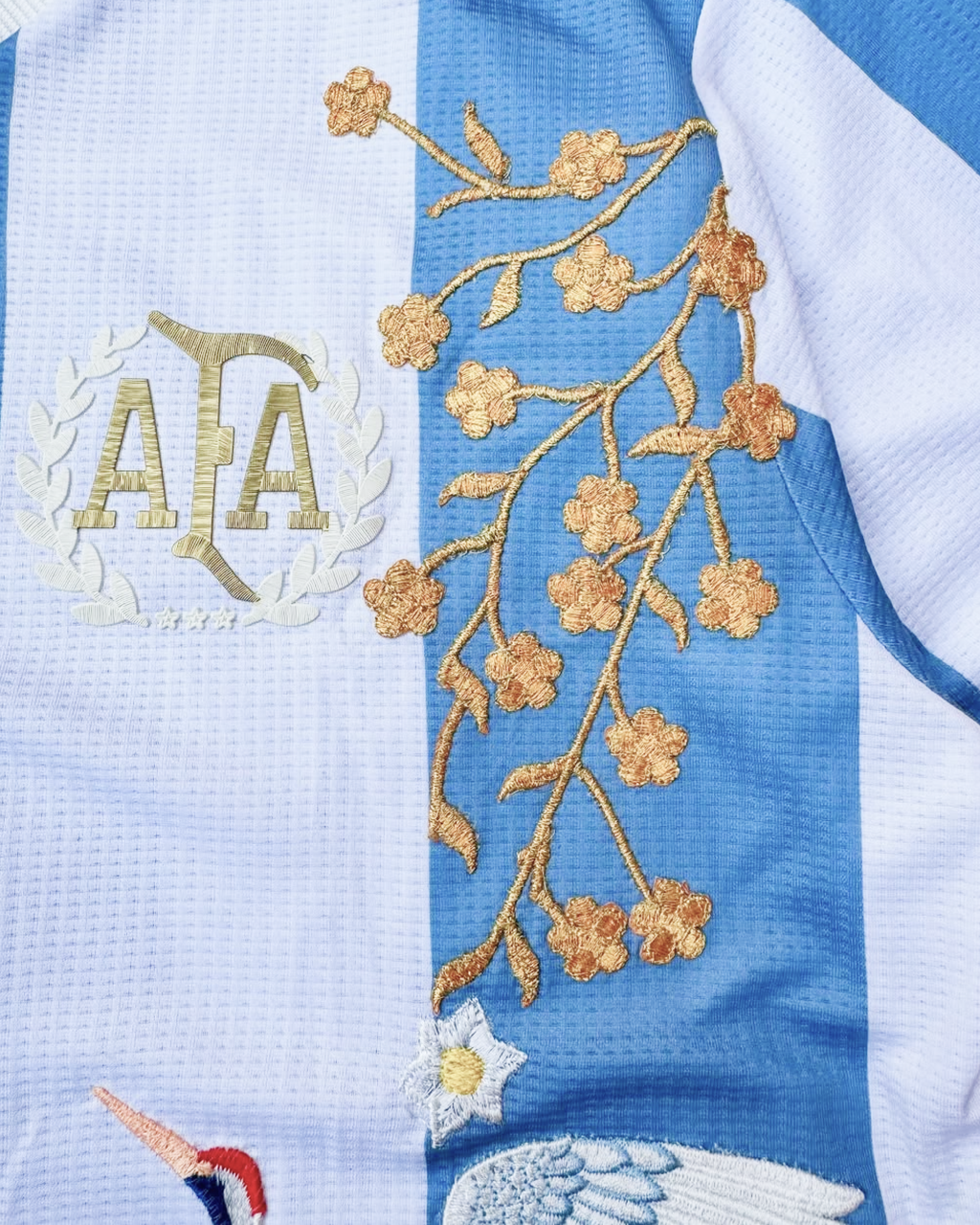 Embroidered Argentina 50th Anniversary jersey showing intricate embroidery on sky-blue and white fabric.