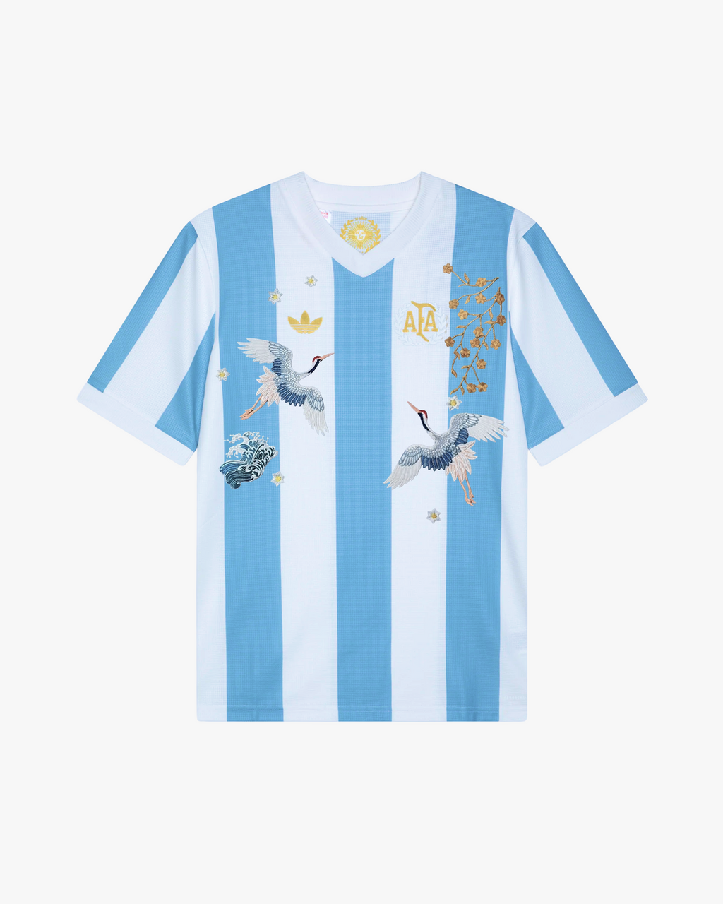 Embroidered Argentina 50th Anniversary jersey featuring sky-blue and white stripes with cultural embroidery.