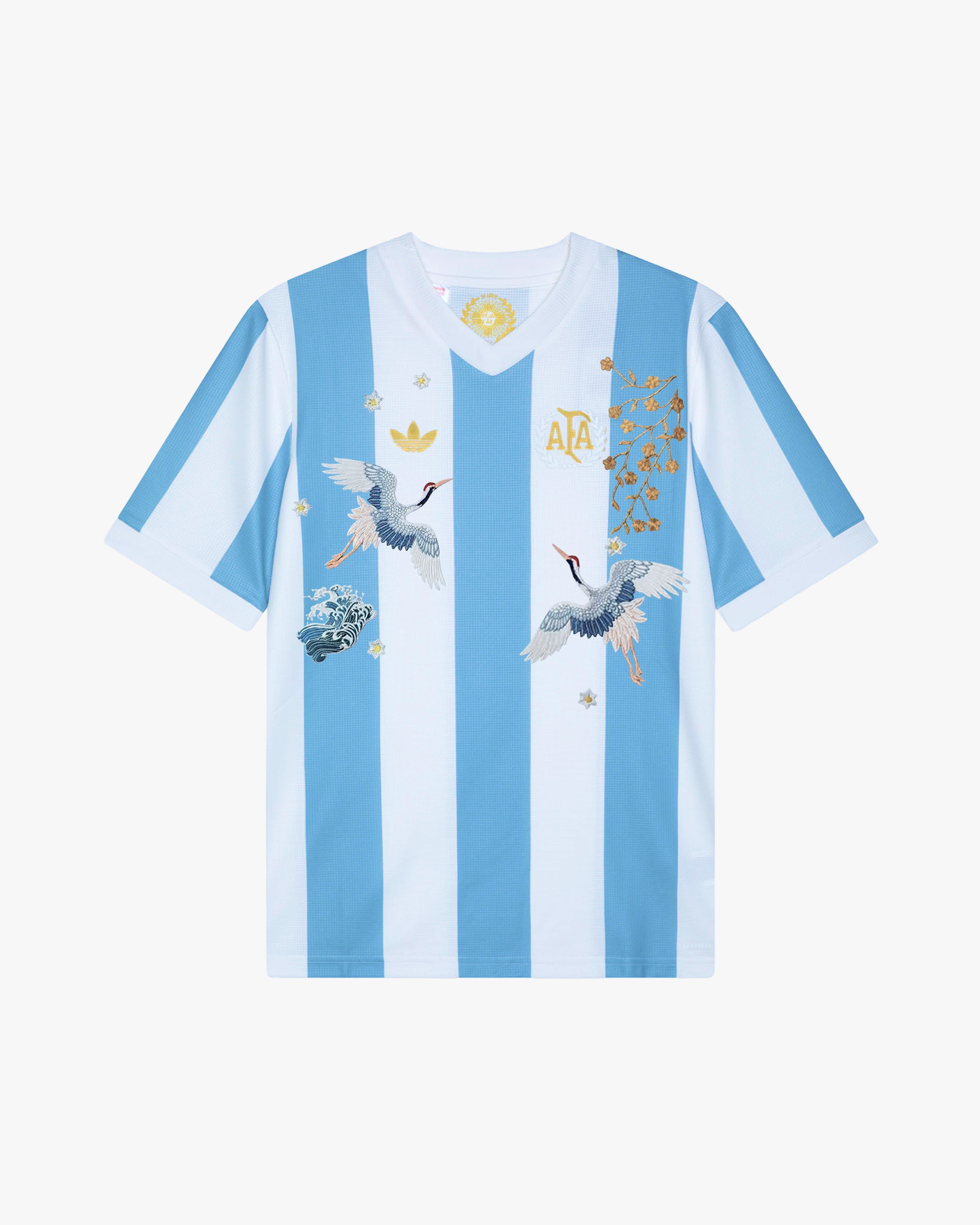Embroidered Argentina 50th Anniversary jersey featuring sky-blue and white stripes with cultural embroidery.