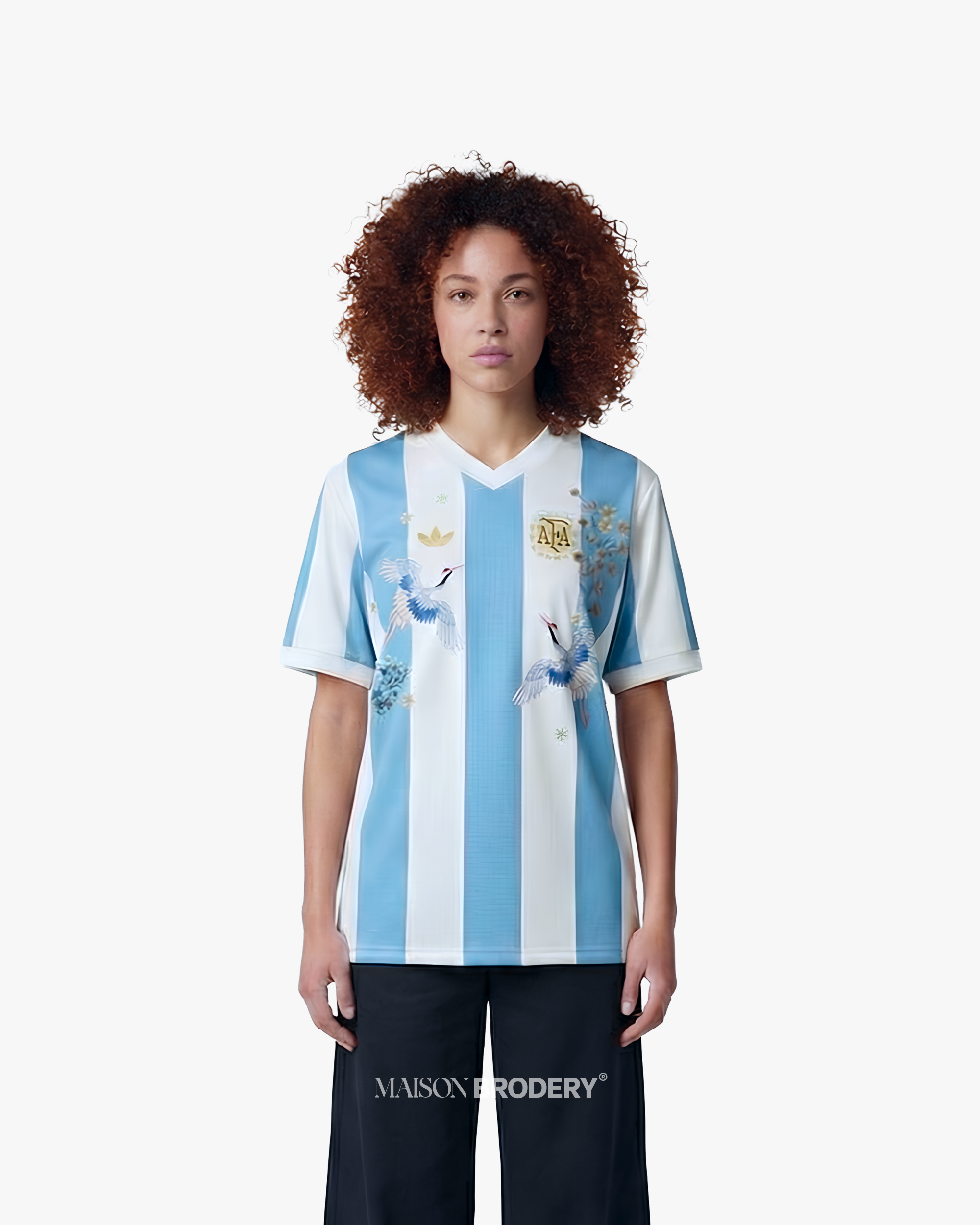 Embroidered Argentina 50th Anniversary jersey showcasing intricate embroidery on blue and white stripes.