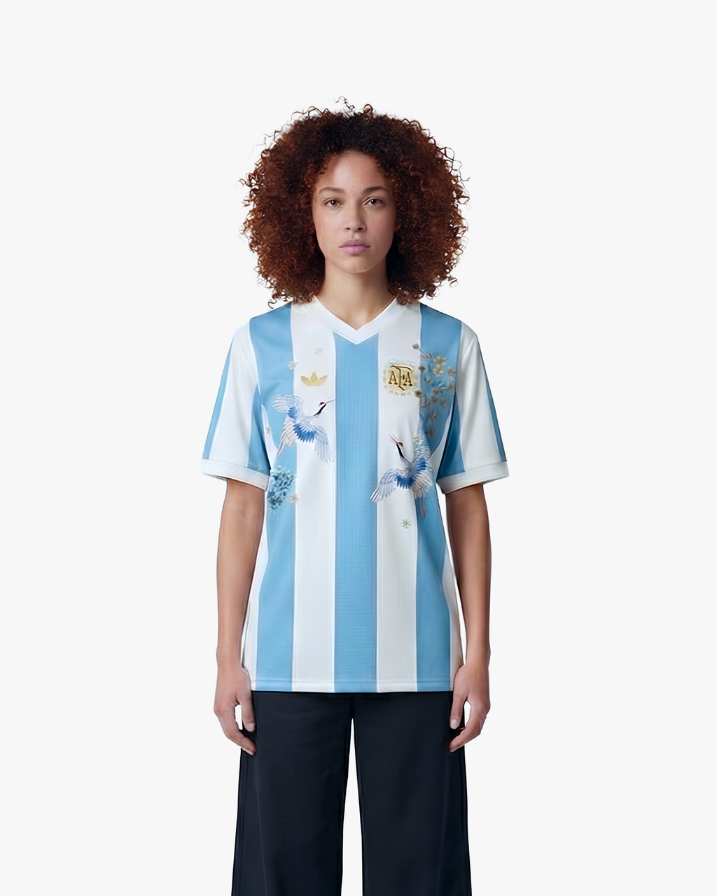 Embroidered Argentina 50th Anniversary jersey featuring blue and white stripes and floral embroidery.