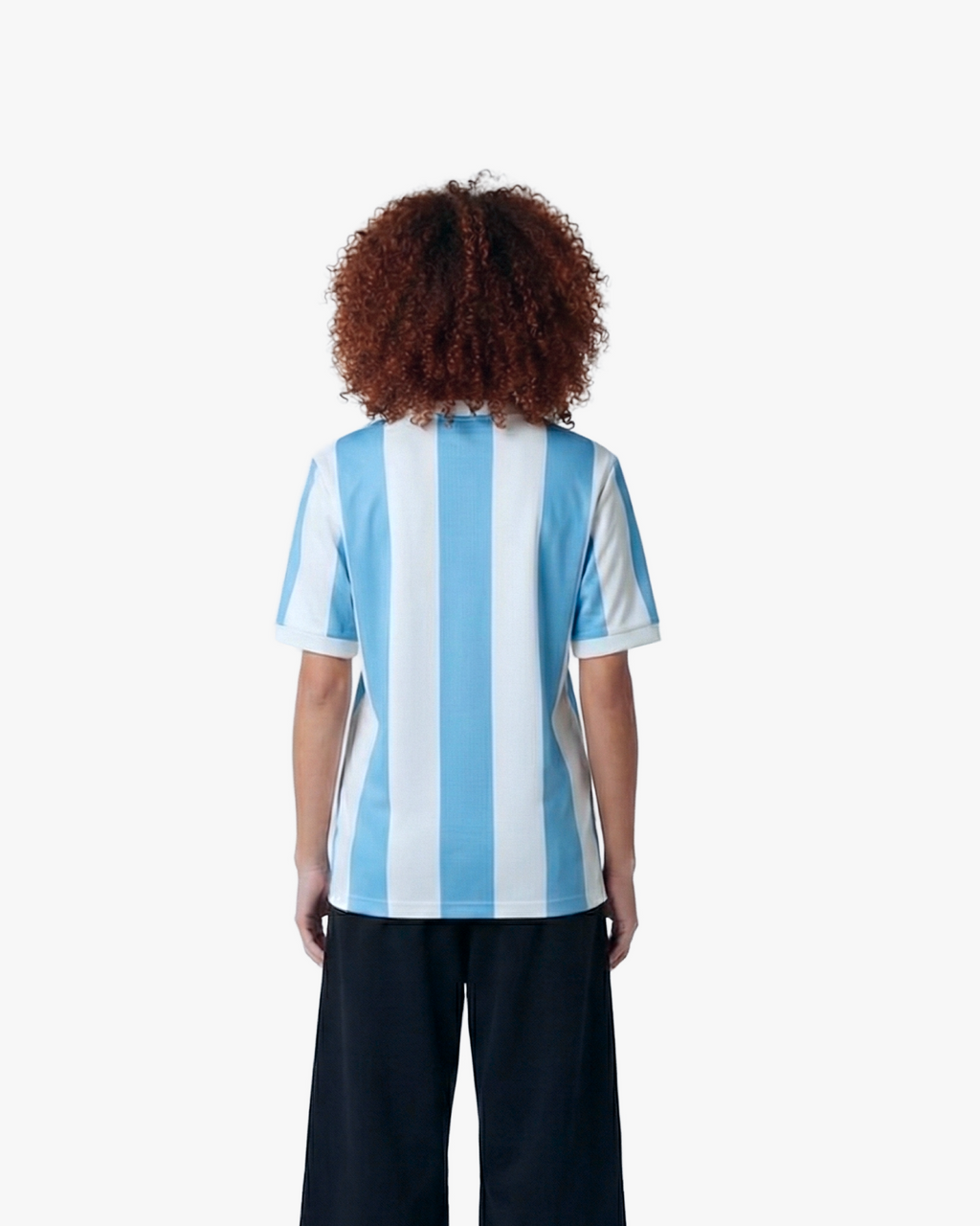 Back view of the Embroidered Argentina 50th Anniversary jersey featuring blue and white stripes.