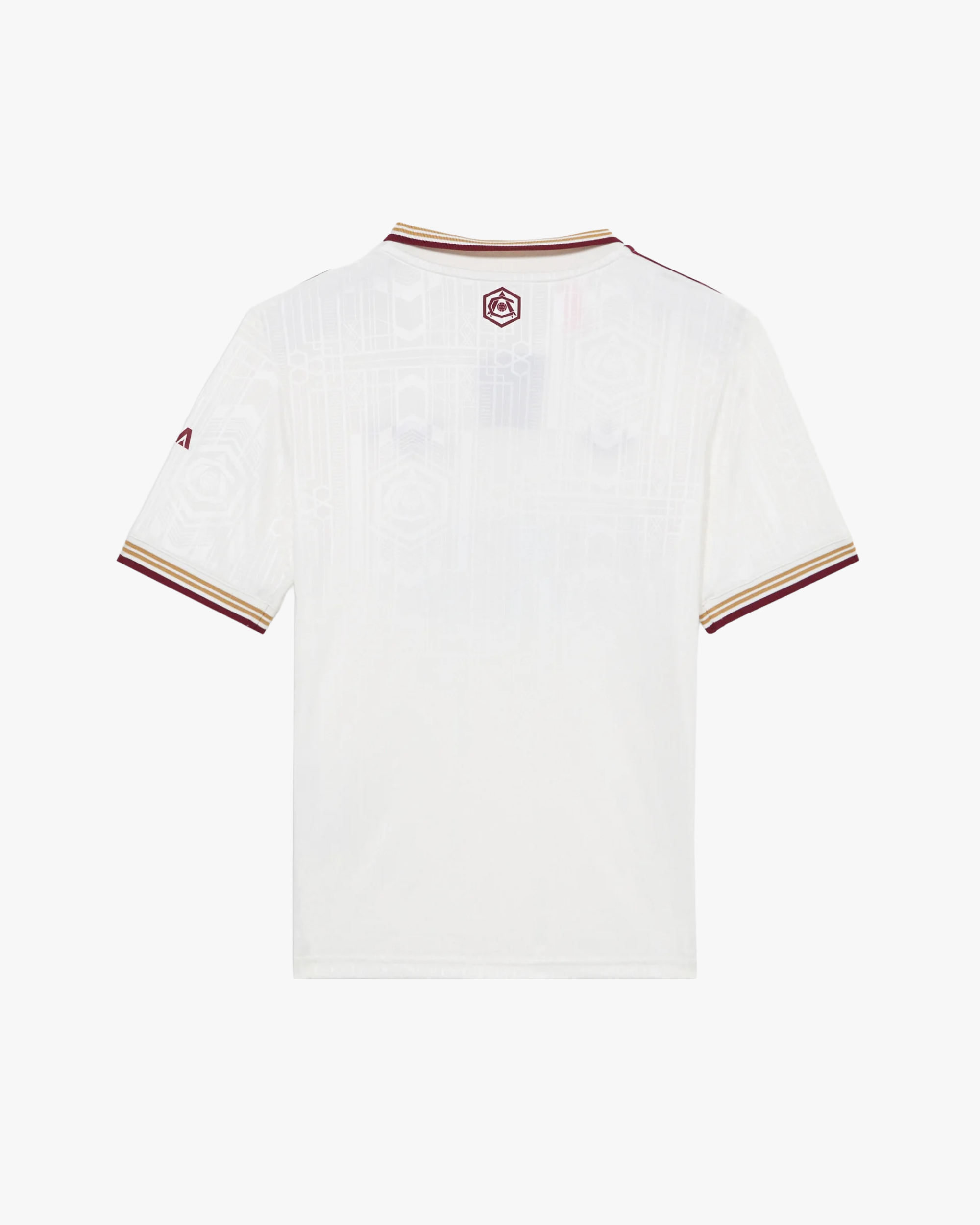 Rear view of the Embroidered Arsenal Third Jersey 2025-26 showcasing the sleek white design and vibrant red collar and trim details.