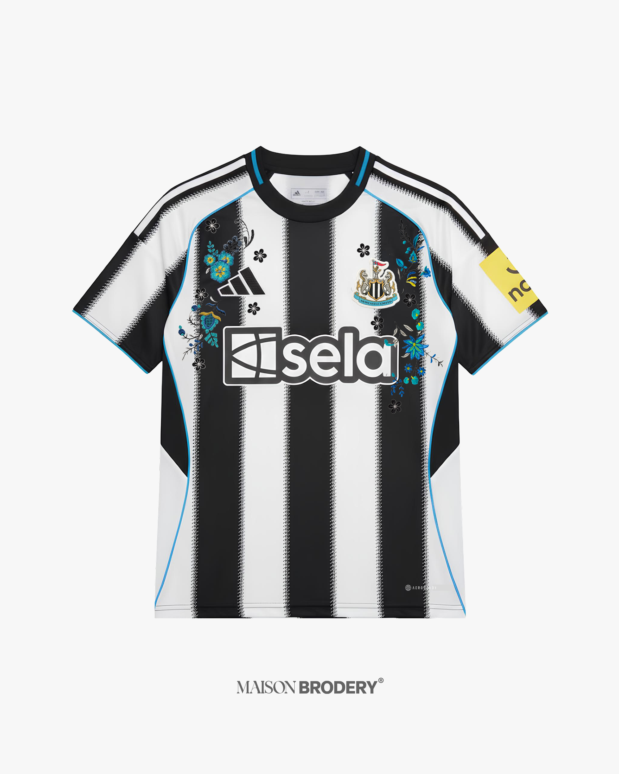 Embroidered Newcastle Home Jersey 2025-26 featuring floral embroidery and modern gradient stripe design.