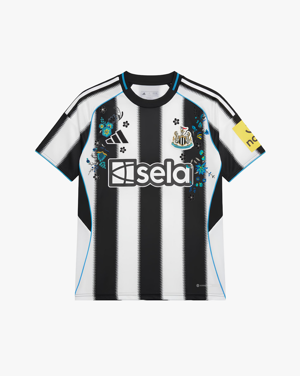 Full front view of the Embroidered Newcastle Home Jersey 2025-26, featuring iconic black and white stripes with premium floral embroidery details.