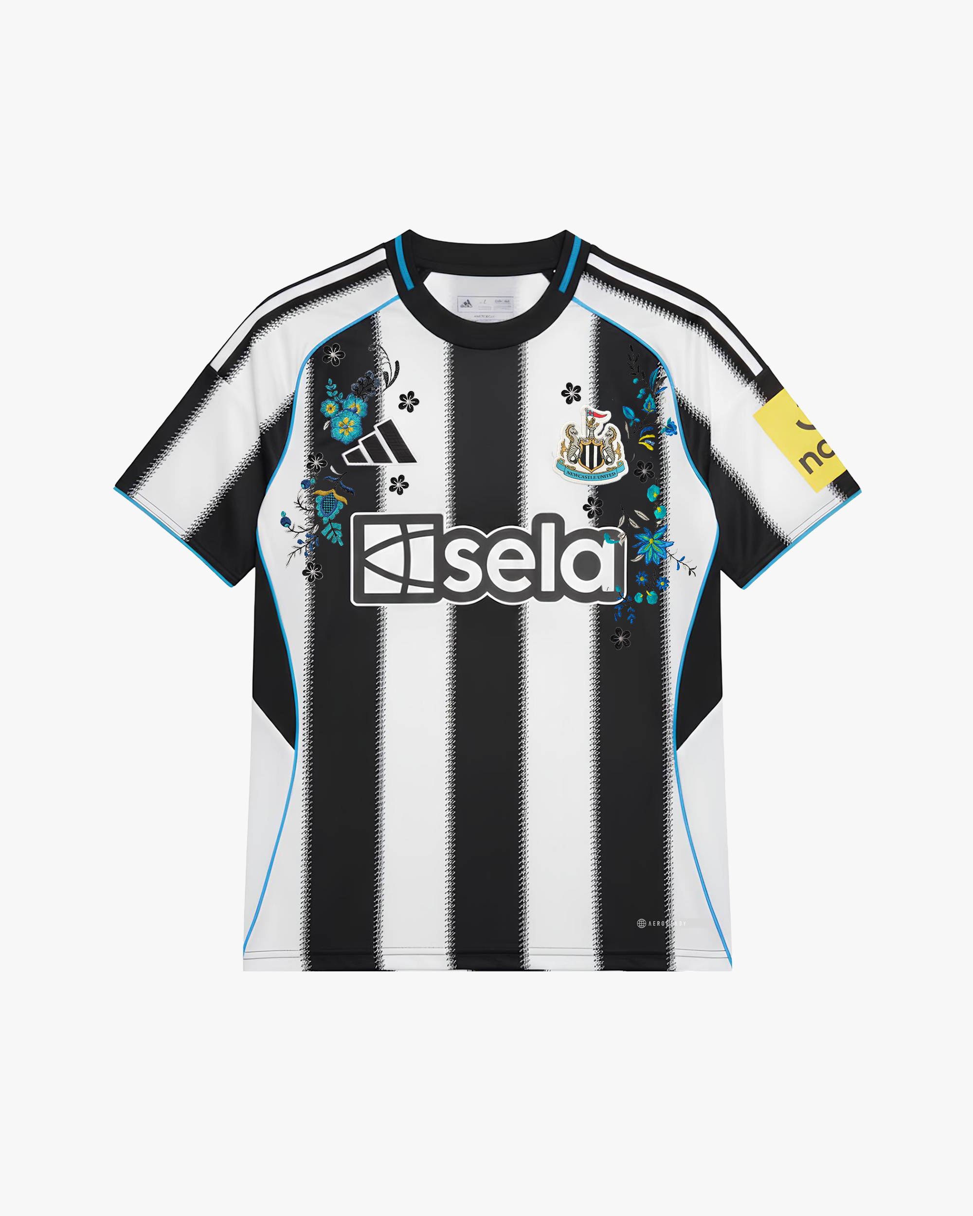 Full front view of the Embroidered Newcastle Home Jersey 2025-26, featuring iconic black and white stripes with premium floral embroidery details.