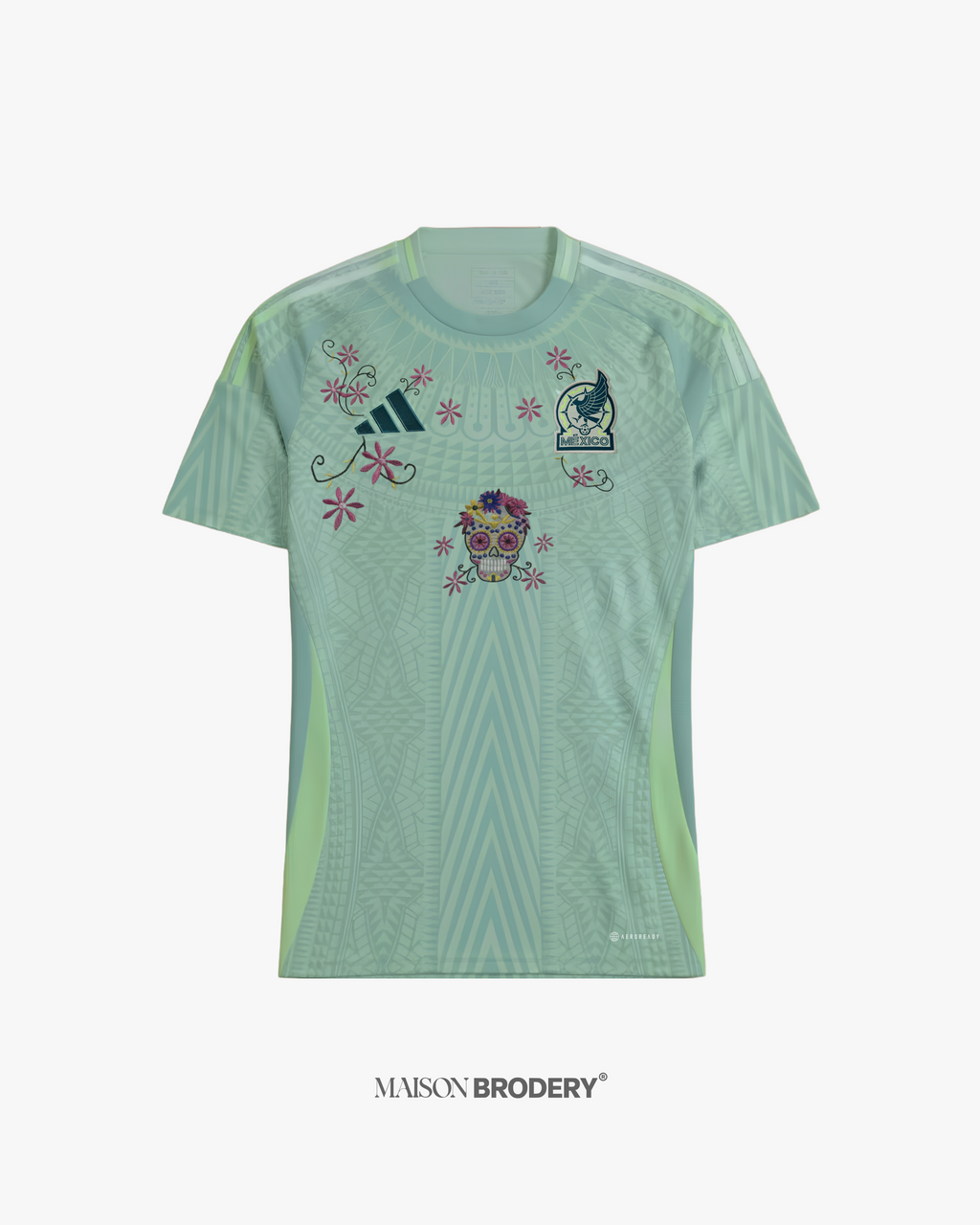 Embroidered Mexico Away Jersey 2024-25 featuring intricate embroidery and a mint green design.