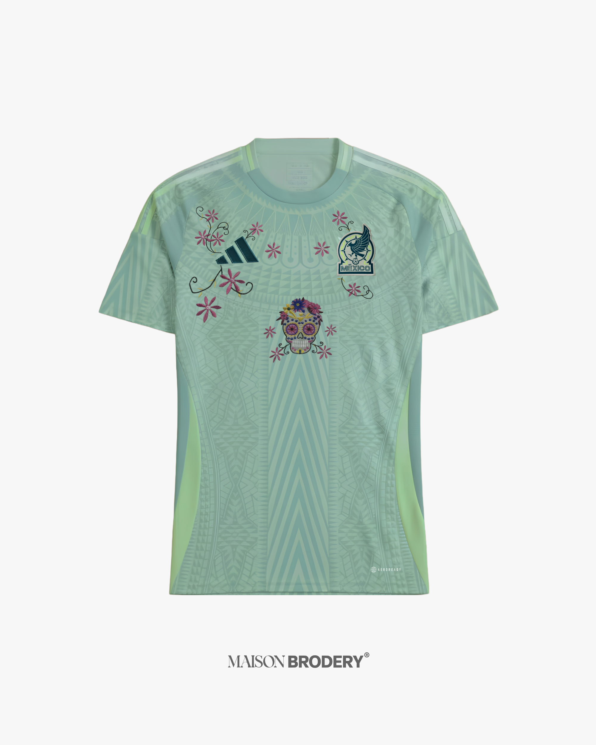 Embroidered Mexico Away Jersey 2024-25 featuring intricate embroidery and a mint green design.