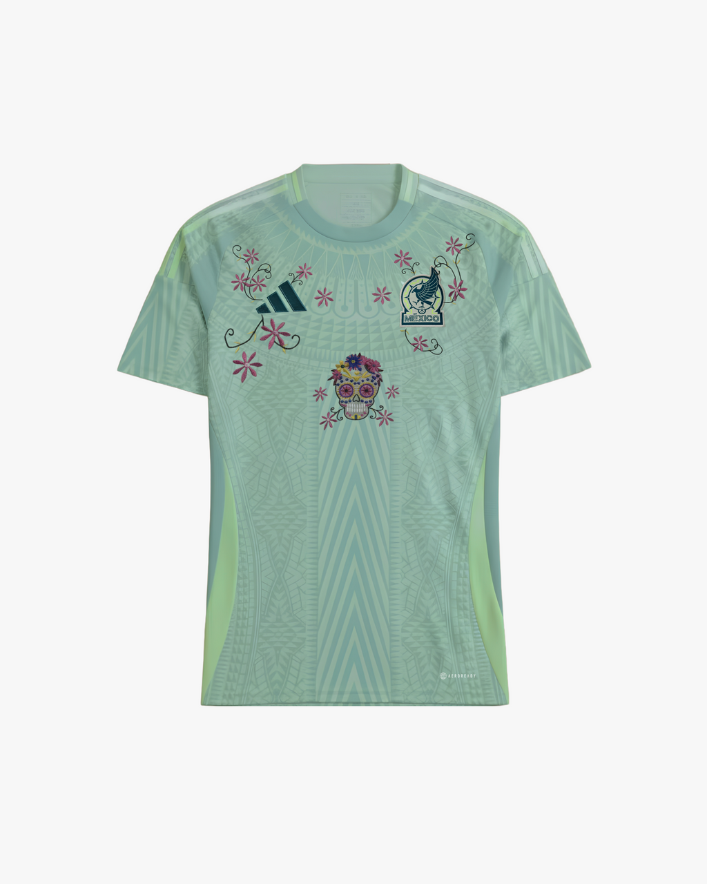 Full front view of the Embroidered Mexico Away Jersey 2024-25, featuring a light green base with intricate Aztec-inspired patterns and a central sugar skull embroidery.