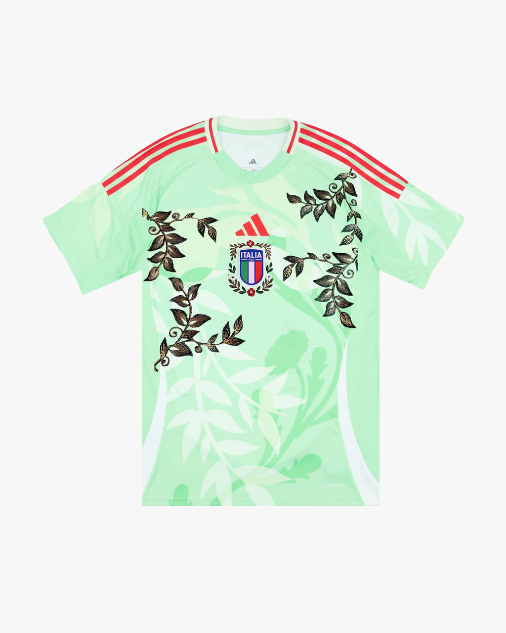 Full Front View Of The Italy 'Primavera' Edition Jersey Showing Light Green Base And Dark Green Embroidered Vines