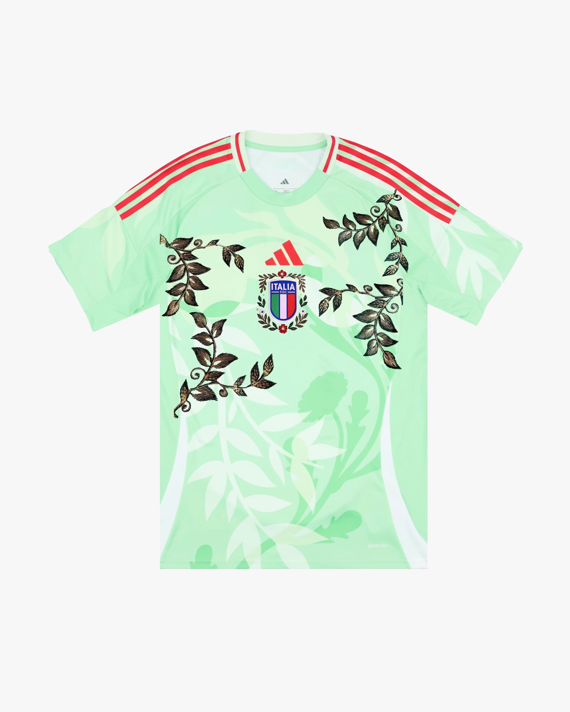 Full Front View Of The Italy 'Primavera' Edition Jersey Showing Light Green Base And Dark Green Embroidered Vines