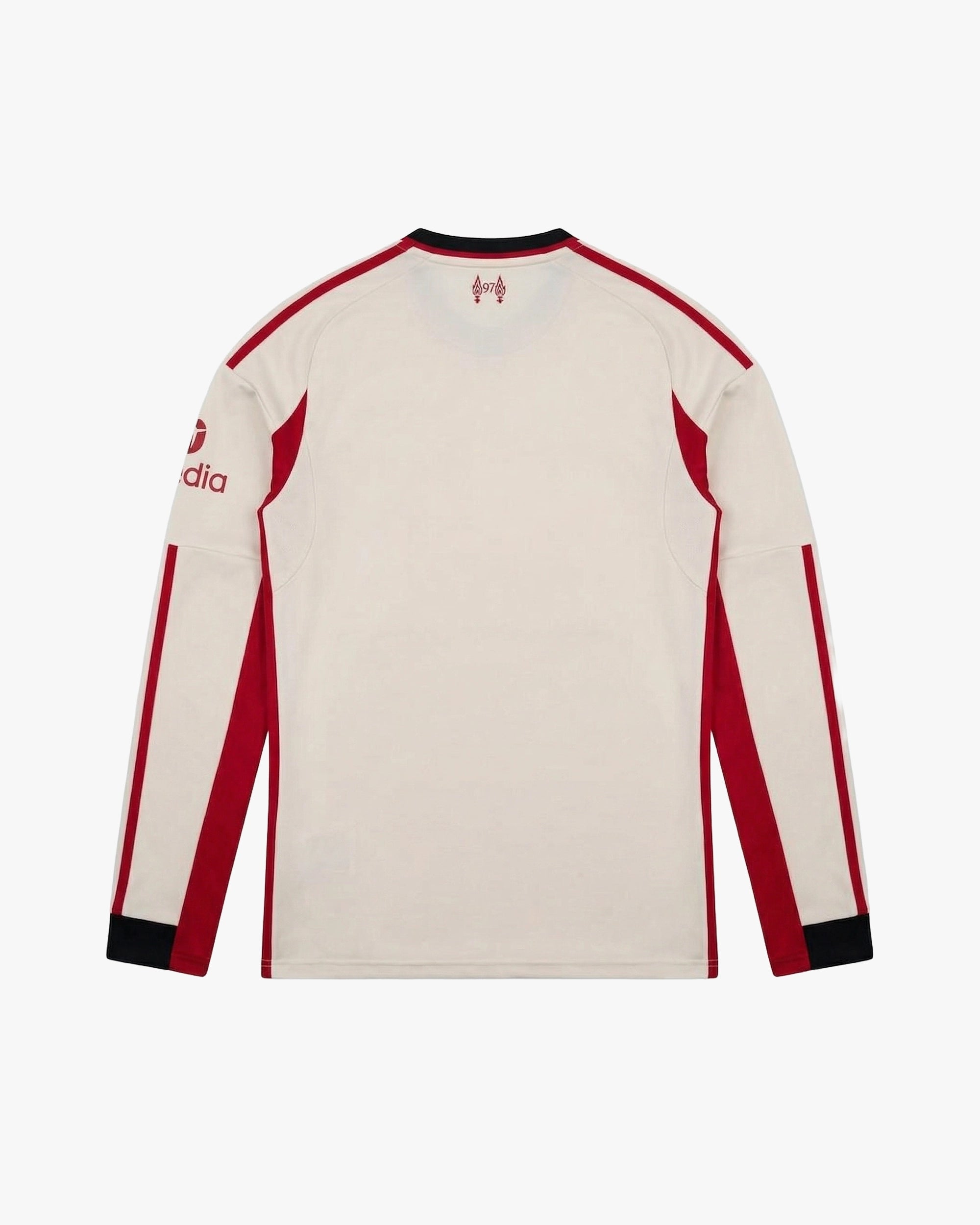 Clean Back View Of The Liverpool Embroidered White Long Sleeves Jersey Showing The Red Trim Collar And Tailored Fit.