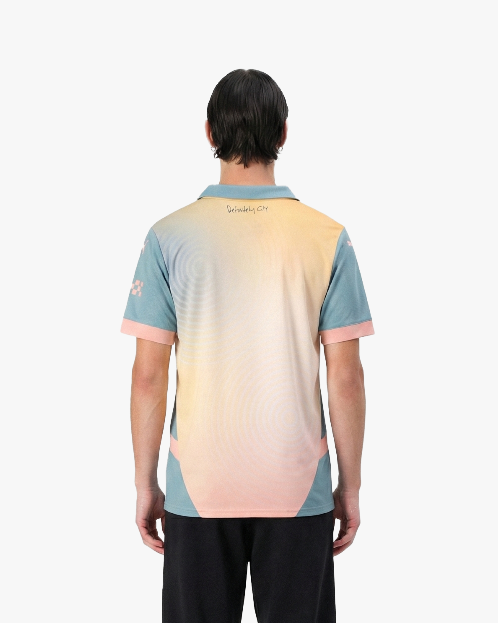 Rear view of the Embroidered Manchester City Fourth Jersey 2024-25 on model, showcasing the gradient transition and premium tailored finish.