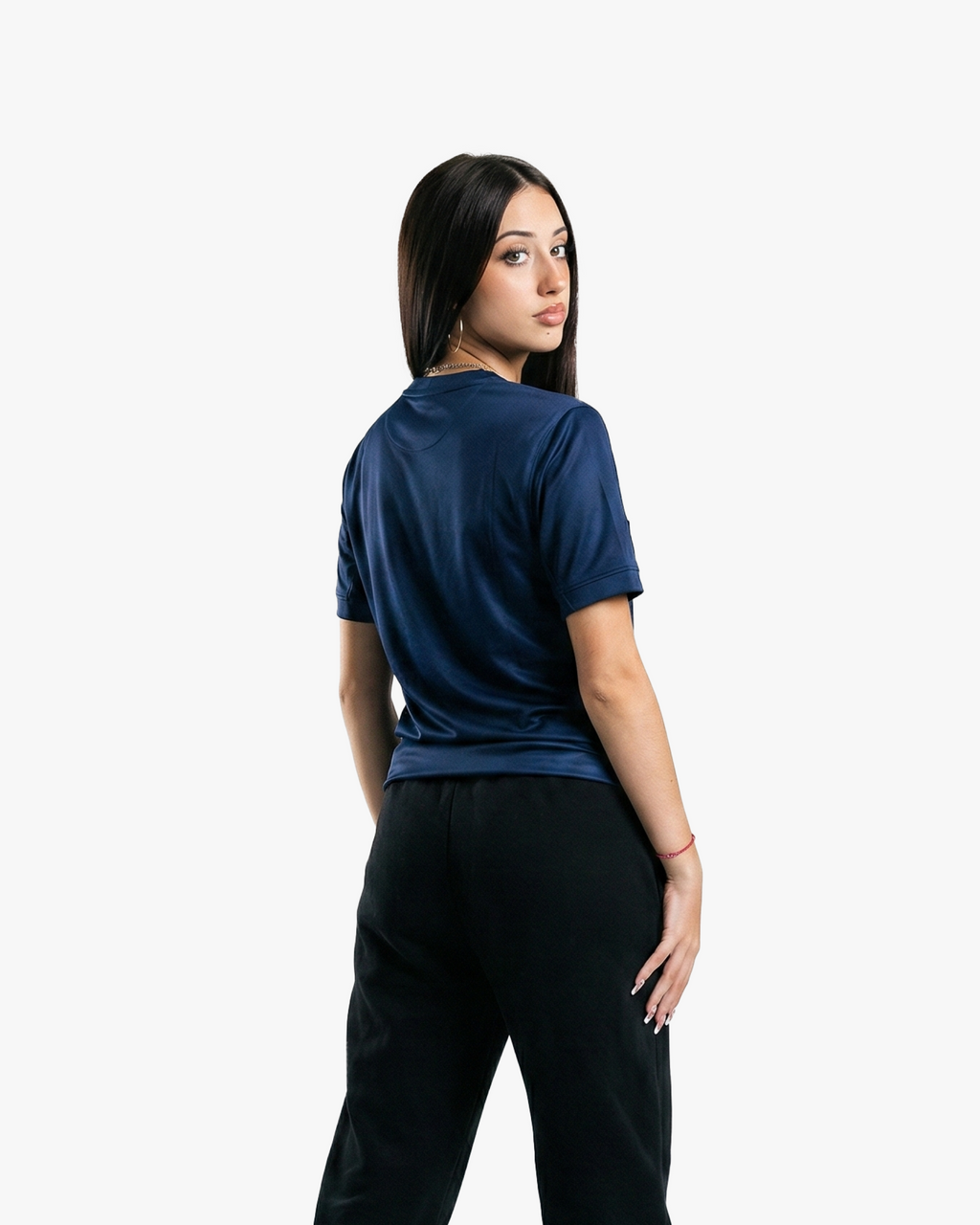 Model wearing the back view of the Embroidered PSG Home Jersey 2025-26 in deep navy color.