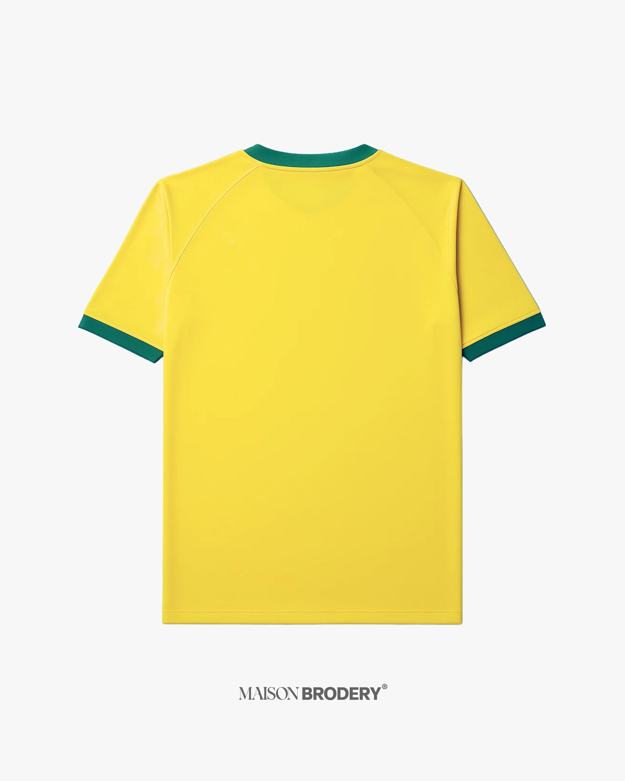 Back view of the Embroidered Brazil Home Jersey 2014 featuring a bright yellow color and green trims.