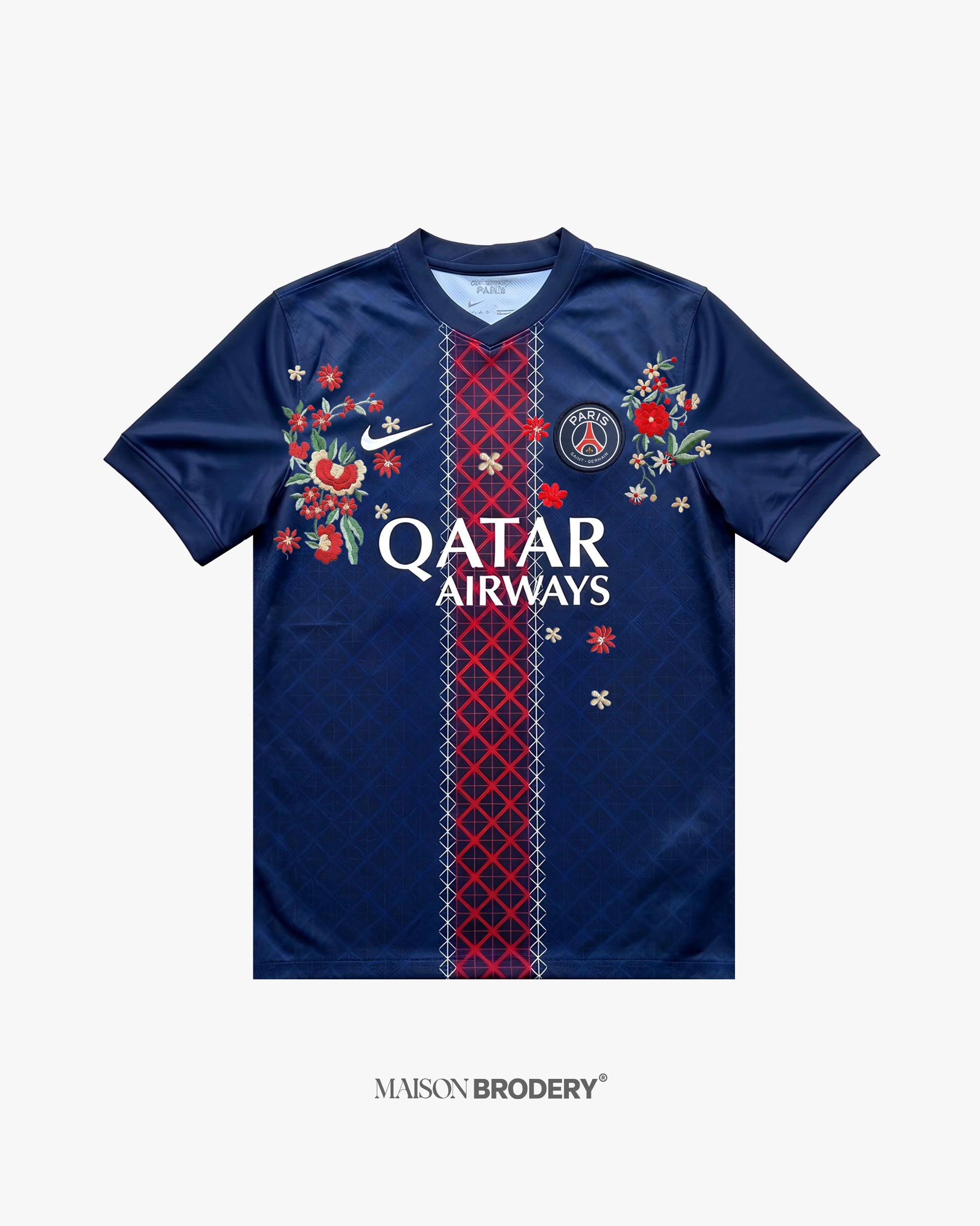 Embroidered PSG Home Jersey 2025-26 featuring floral embroidery and deep navy tones.